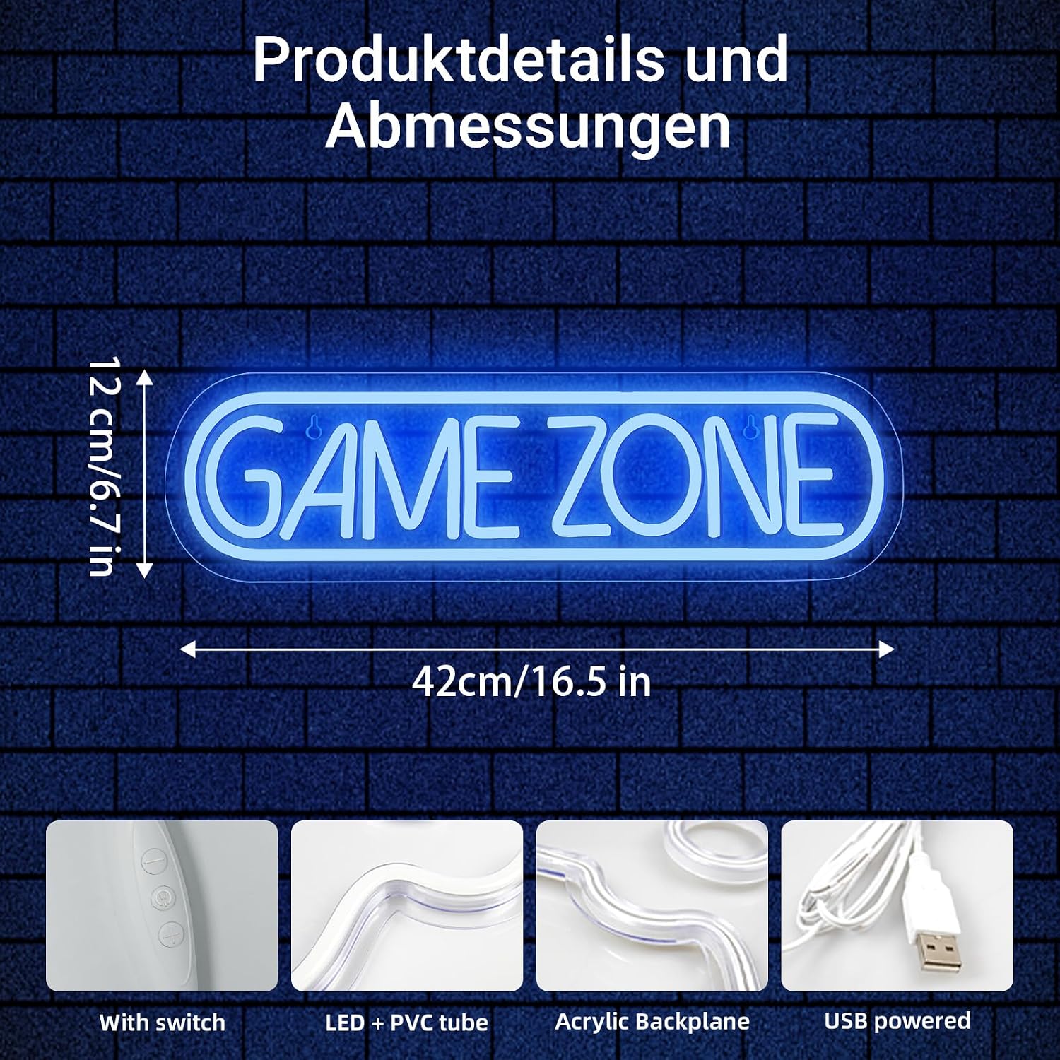 Detalle de Wanxing NS-FY001-game zone neon-ledwandbord blauw, 42 x 12 cm