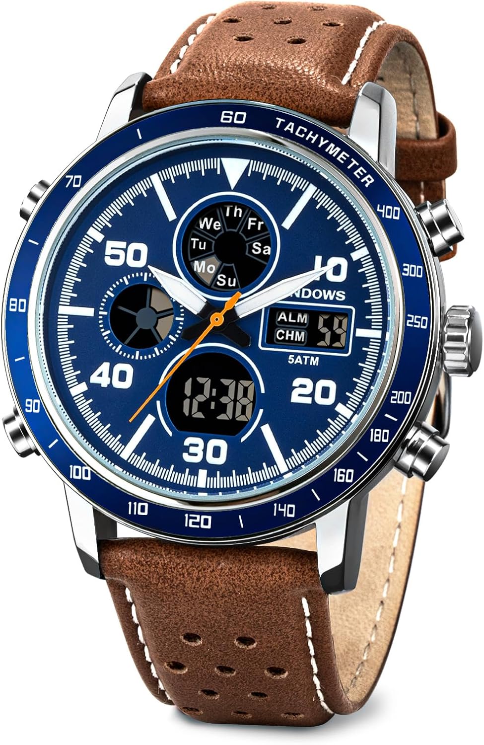 Detalle de PINDOWS Herrenuhren – Multifunktionale Lederuhr mit Dualzeit, 30 m Wasserdicht