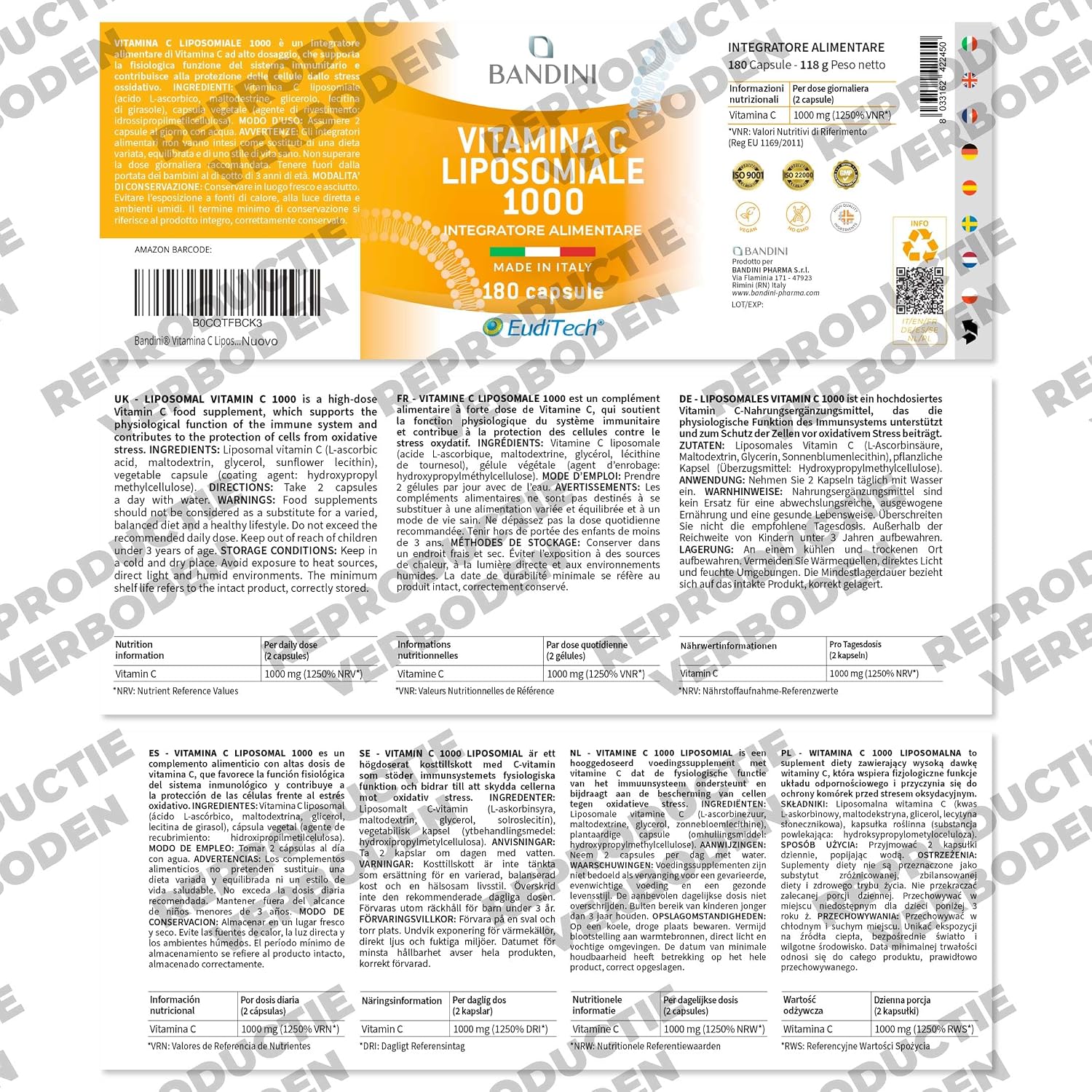 Detalle 1 de Bandini liposomale vitamine C 1000 mg, 180 vegan capsules