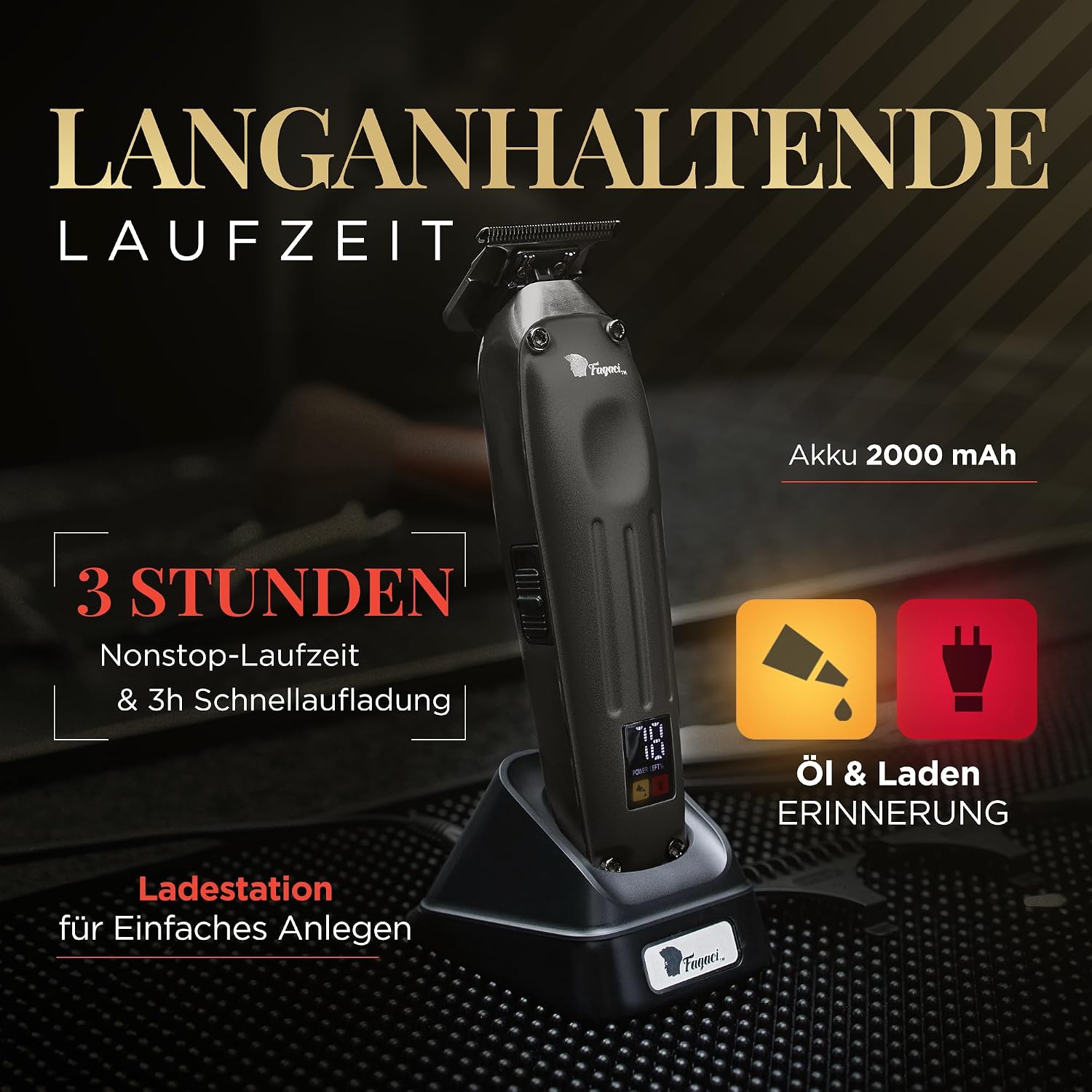 Detalle 2 de Fagaci Profi Zero Gap Haartrimmer Herren – präzise Konturen, 0 mm Schnitt, keramische/DLC-Klingen