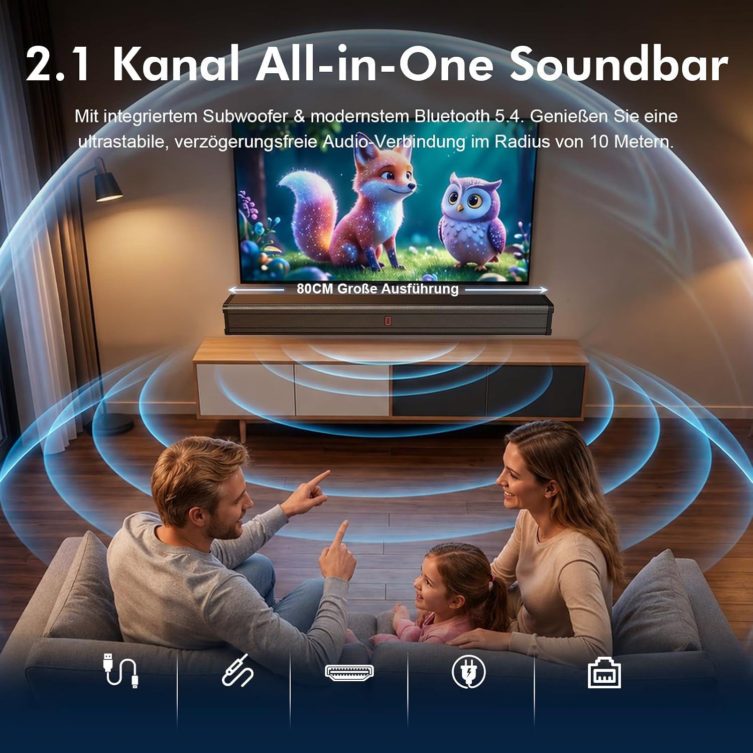 Detalle de JYX 80cm Soundbar: 2.1-Kanal mit Deep Bass, HDMI ARC, Bluetooth 5.4 – All-in-One TV-Lautsprecher