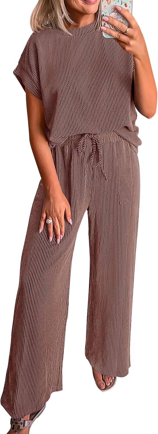 Detalle de KIRUNDO 2 Piece Sets for Women: Dressy Casual Ribbed Knit Short Sleeve Tops & Wide Leg Pants Lounge Set