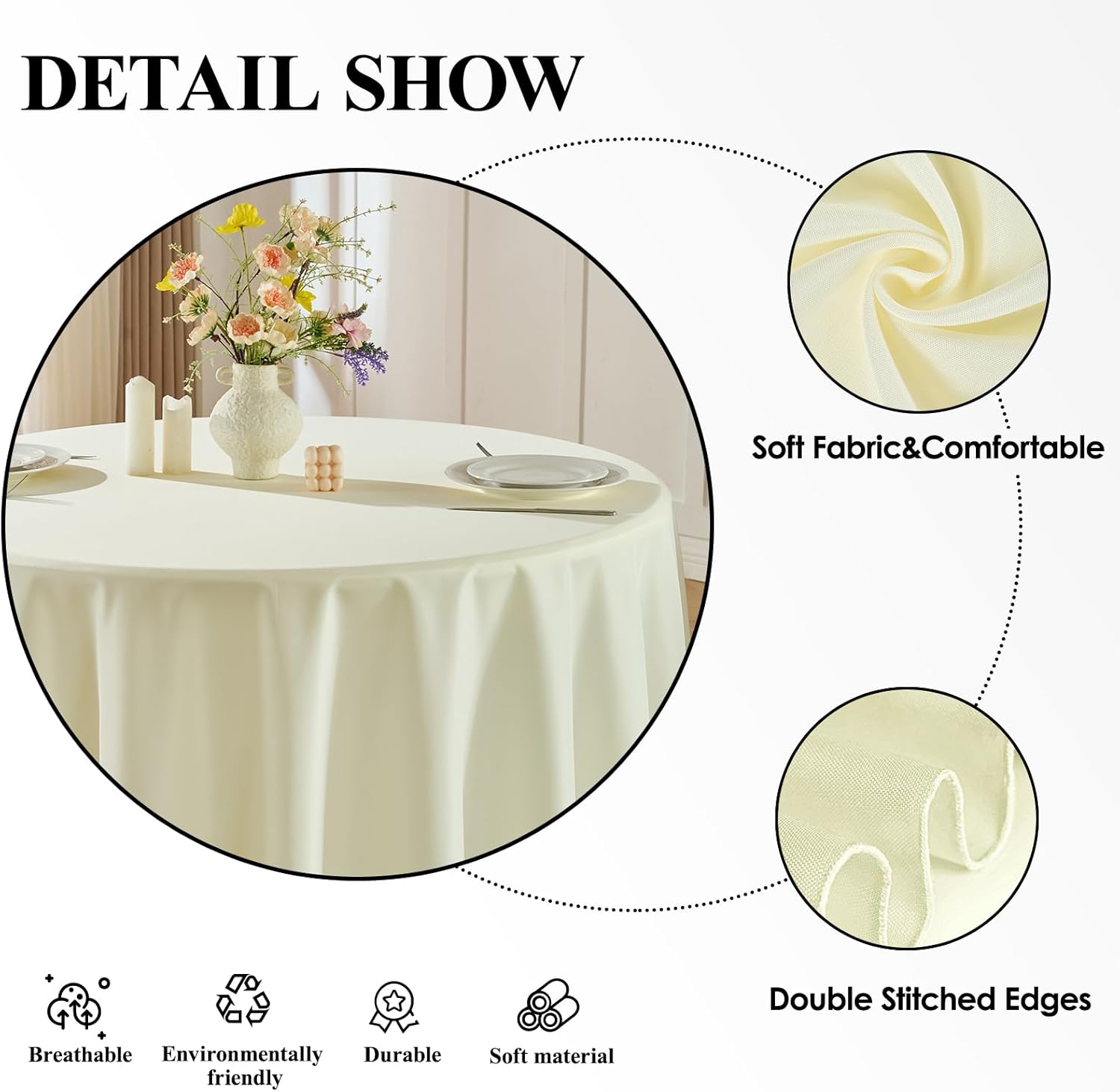 Detalle 2 de Aocoz Round Tablecloth 120 Inch (Ivory) 10-Pack — Washable Polyester Table Covers