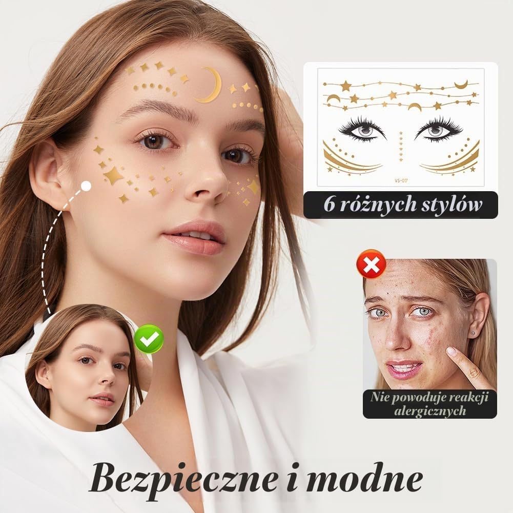 Detalle de Alaoo – 6 złotych tatuaży-naklejek na twarz, brokatowe wzory