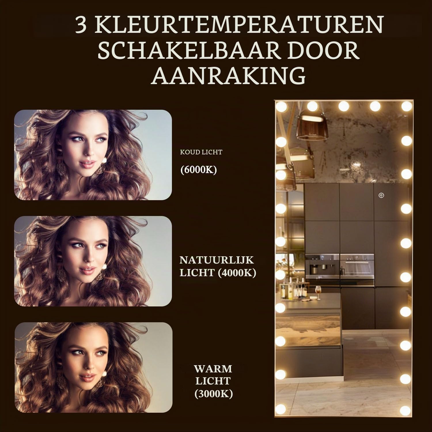 Detalle 2 de CASSILANDO Hollywood-spiegel 165 x 60 cm met ledverlichting en 3 lichtkleuren