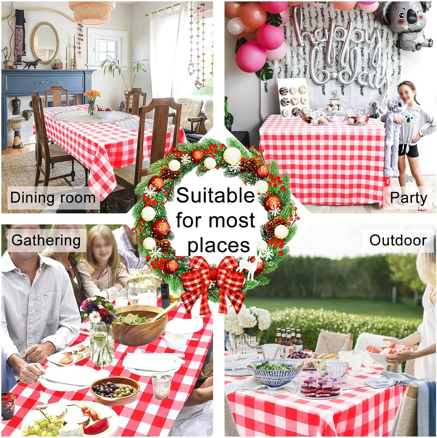 Thumbnail 5 de Hiasan Checkered Tablecloth Rectangle (Red & White Gingham) — Waterproof, Wrinkle-Resistant Polyester, 52 x 70 Inch