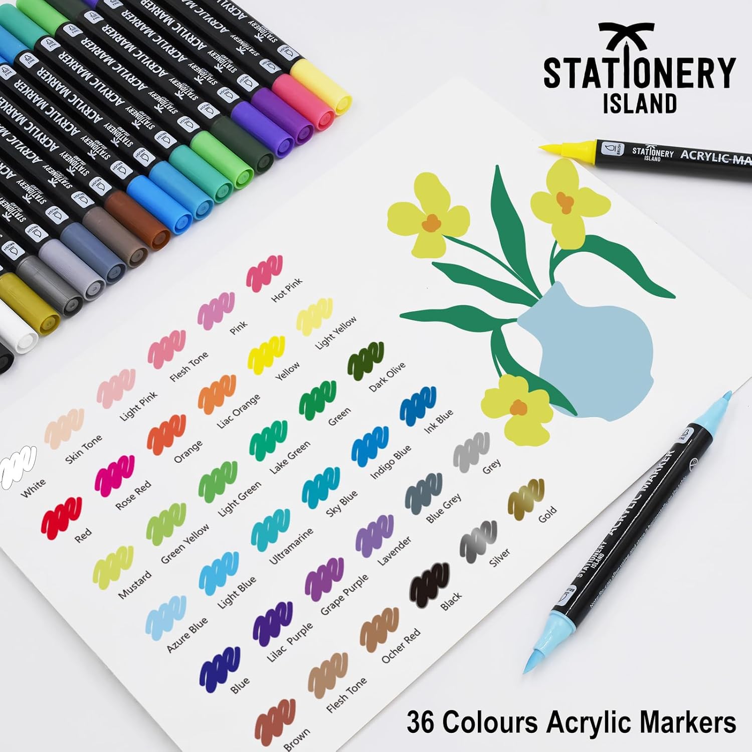 Thumbnail 1 de STATIONERY ISLAND Feutre Acrylique – Ensemble 36 couleurs, double pointe (fine et pinceau) pour roche, tissu, bois, verre et papier