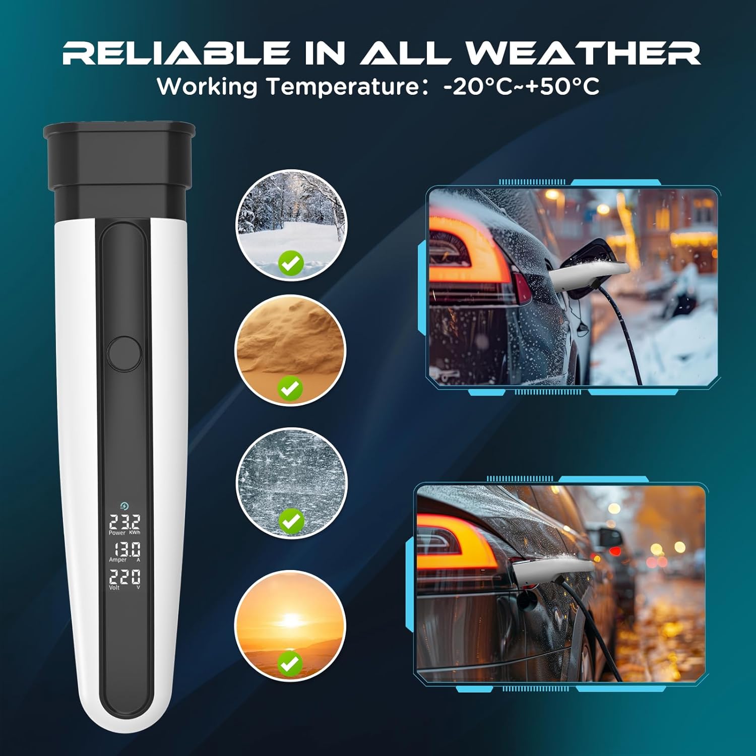 Thumbnail 4 de Portable EV charging cable Type 2 to 3-pin plug, 3kW (8/10/13A) with LED display and storage bag – 7.5m (White)