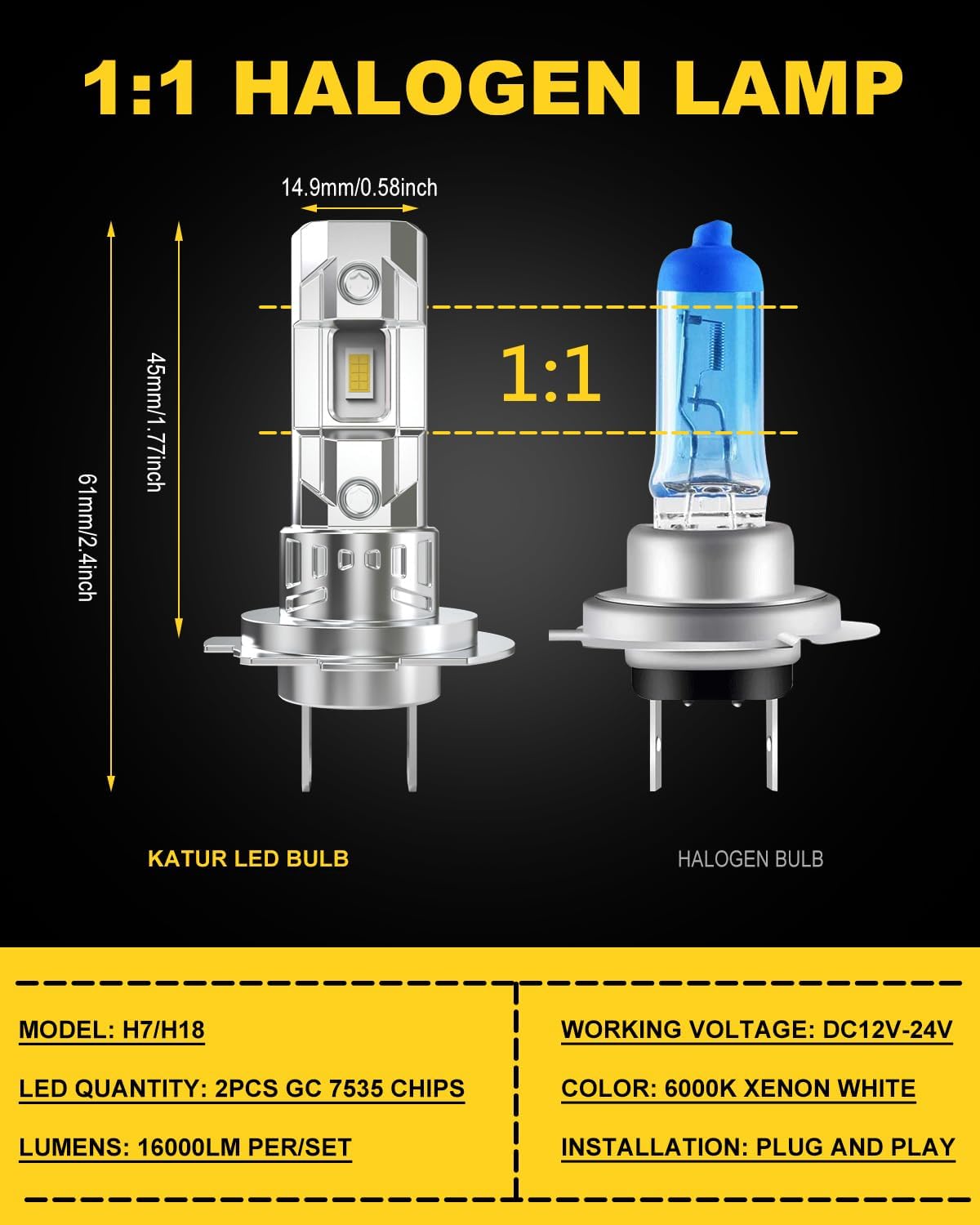 Thumbnail 4 de KATUR H7 LED Headlight Bulbs (Pack of 2) – 6000K white, fanless, IP65 Plug and Play conversion kit
