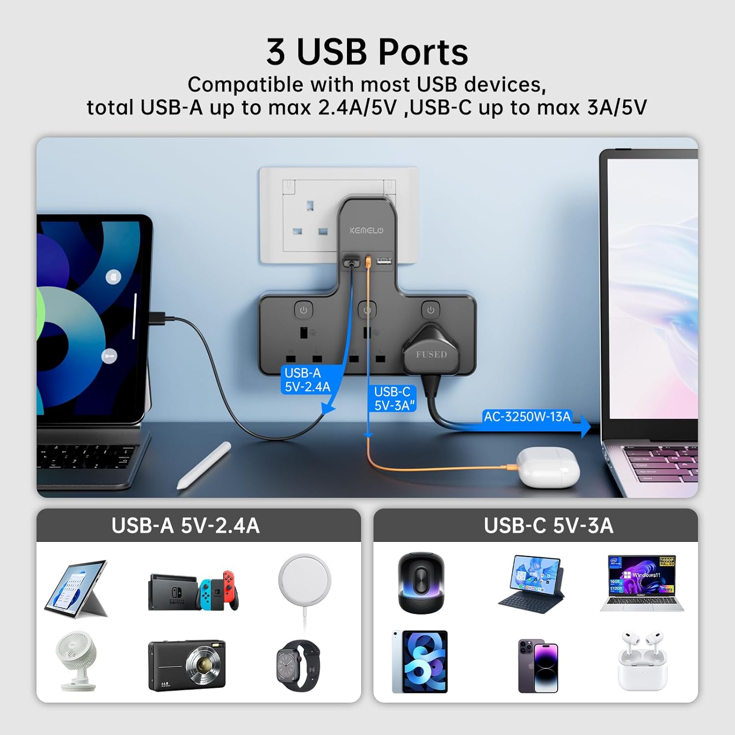 Detalle 2 de Multi Plug Adapter 3250W with USB