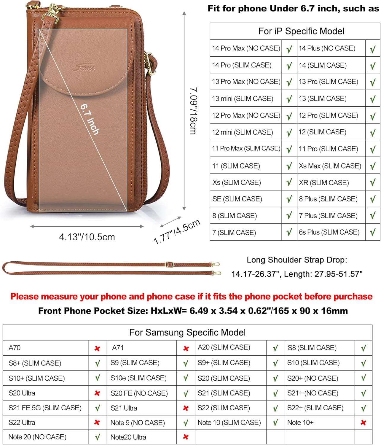 Detalle de S-ZONE PU Leather RFID Blocking Crossbody Bag for 6.7 Inch Phones
