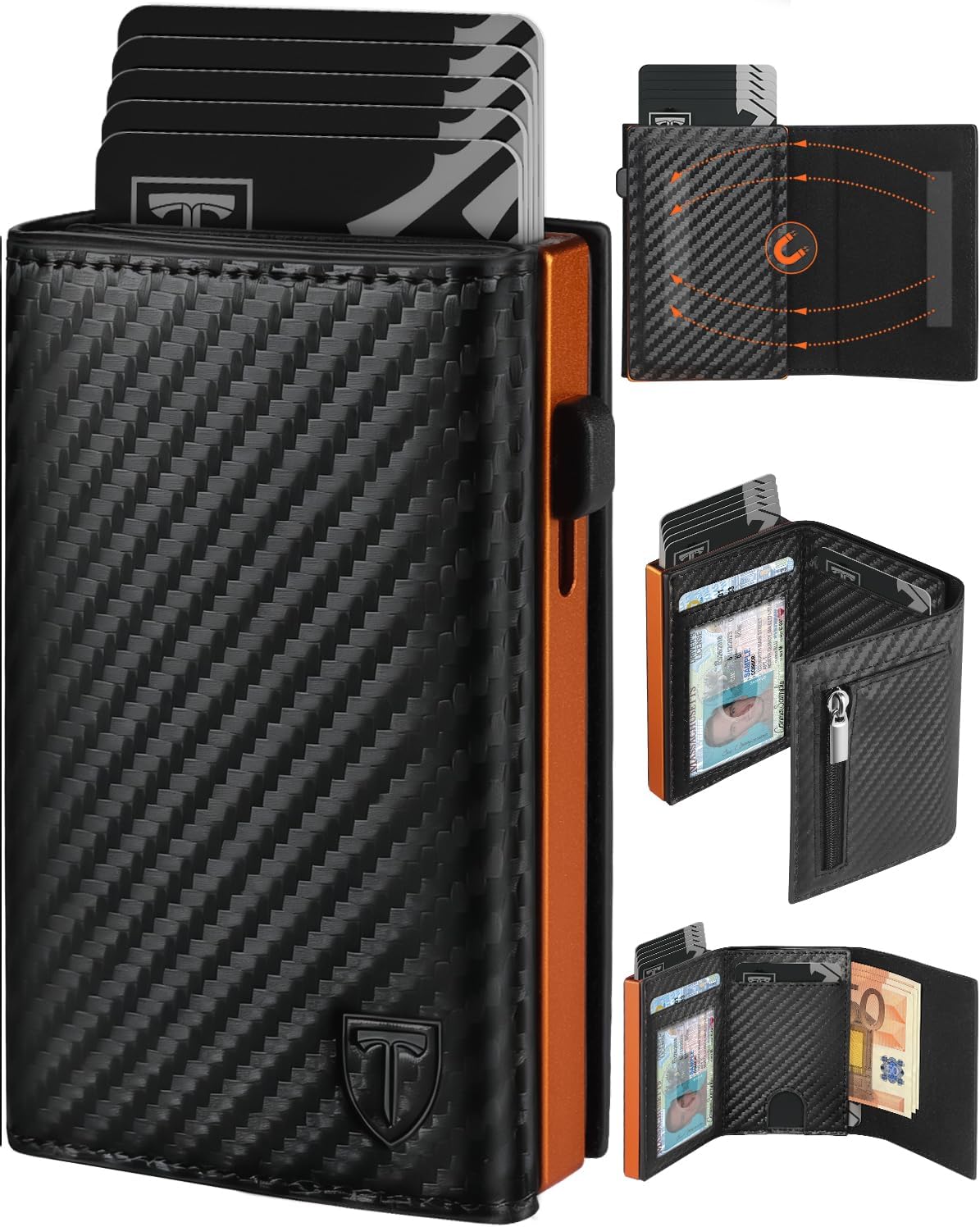 Detalle de TEEHON Carteras para Hombre con bloqueo RFID magnético y tarjetero de fibra de carbono (con monedero y ventana para ID)
