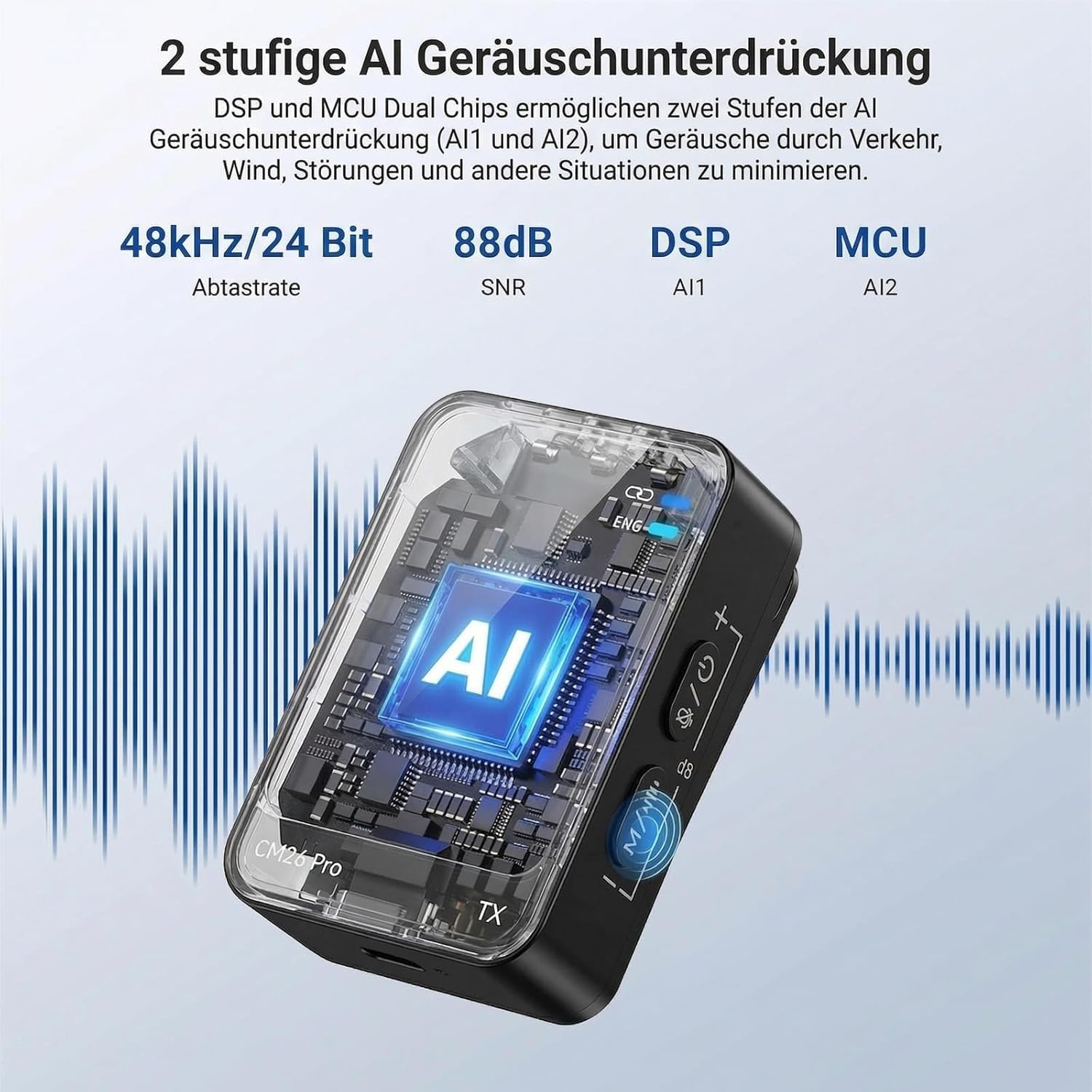 Thumbnail 1 de NEEWER CM26 Pro AI drahtloses Mikrofon (Lavalier) für iPhone, Android, Kamera & PC – mit 2-stufiger AI-Geräuschunterdrückung
