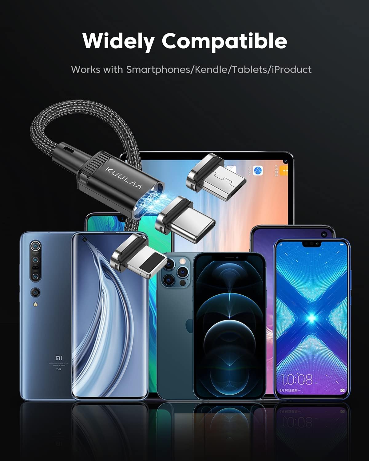 Thumbnail 5 de Kuulaa Magnetisches 3-in-1 Ladekabel Set (3 Stück) mit USB‑C, Micro‑USB und iOS – 3A Schnellladung