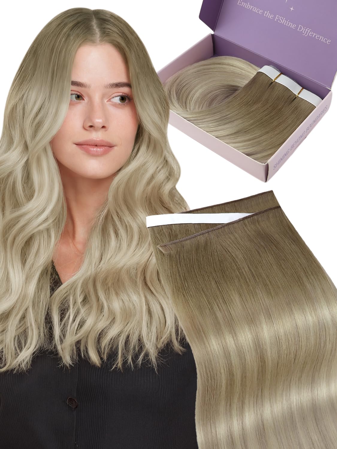 Detalle de Fshine Genius Tape Weft Echthaar Tressen Mittebraun mit Asch- und Platinblond-Mix, 45 cm – einfache Tape-Tressenverlängerung
