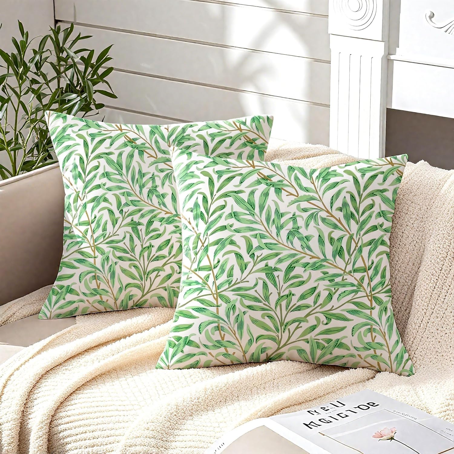 Detalle de HUASHUZI Outdoor Cushion Covers Green Leaf 50x50cm Set of 2 – Double-Sided Garden Decor for Benches and Sofas