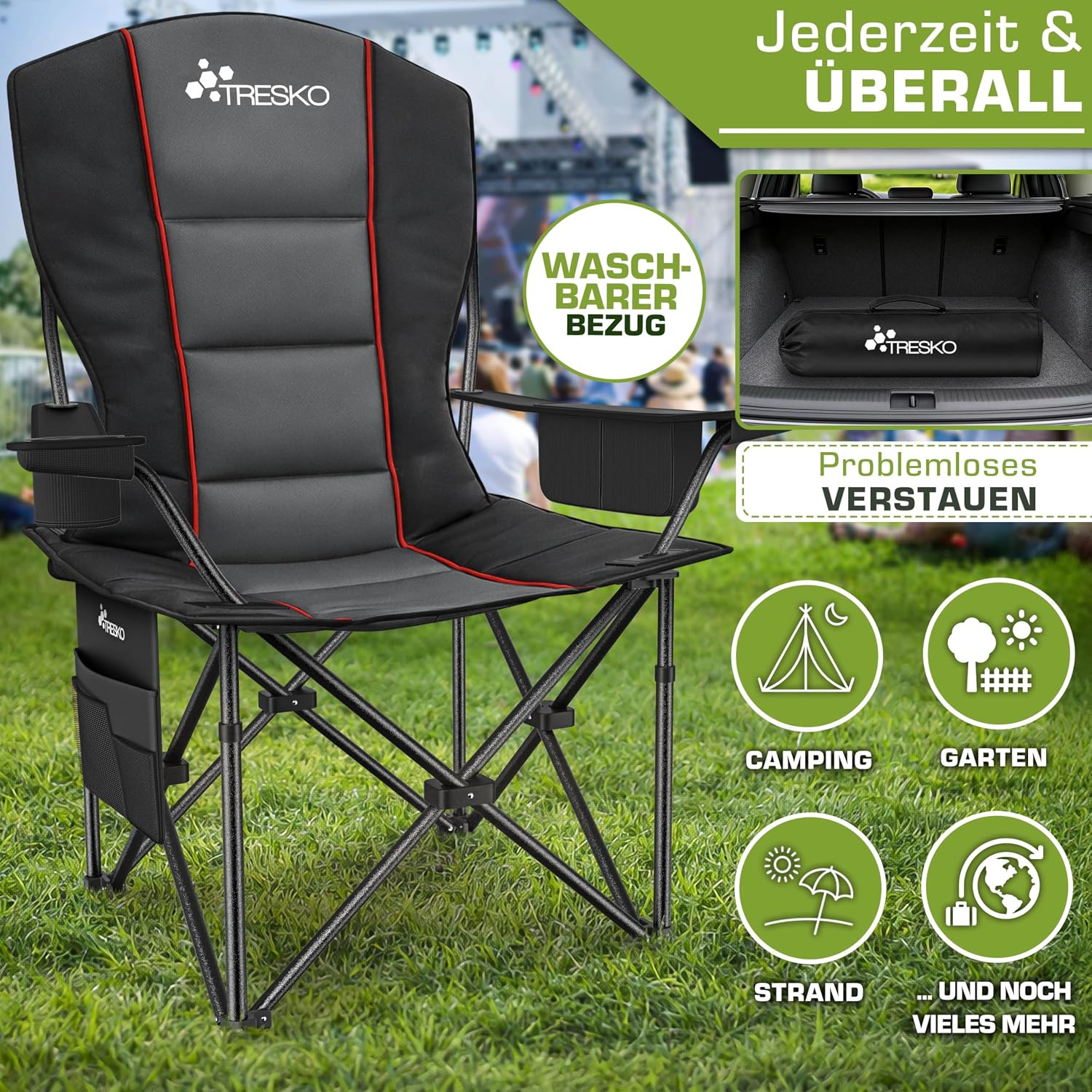 Thumbnail 5 de TRESKO Campingstuhl faltbar bis 200 kg mit Kühlfach, Getränkehalter & Seitentasche (XXL)