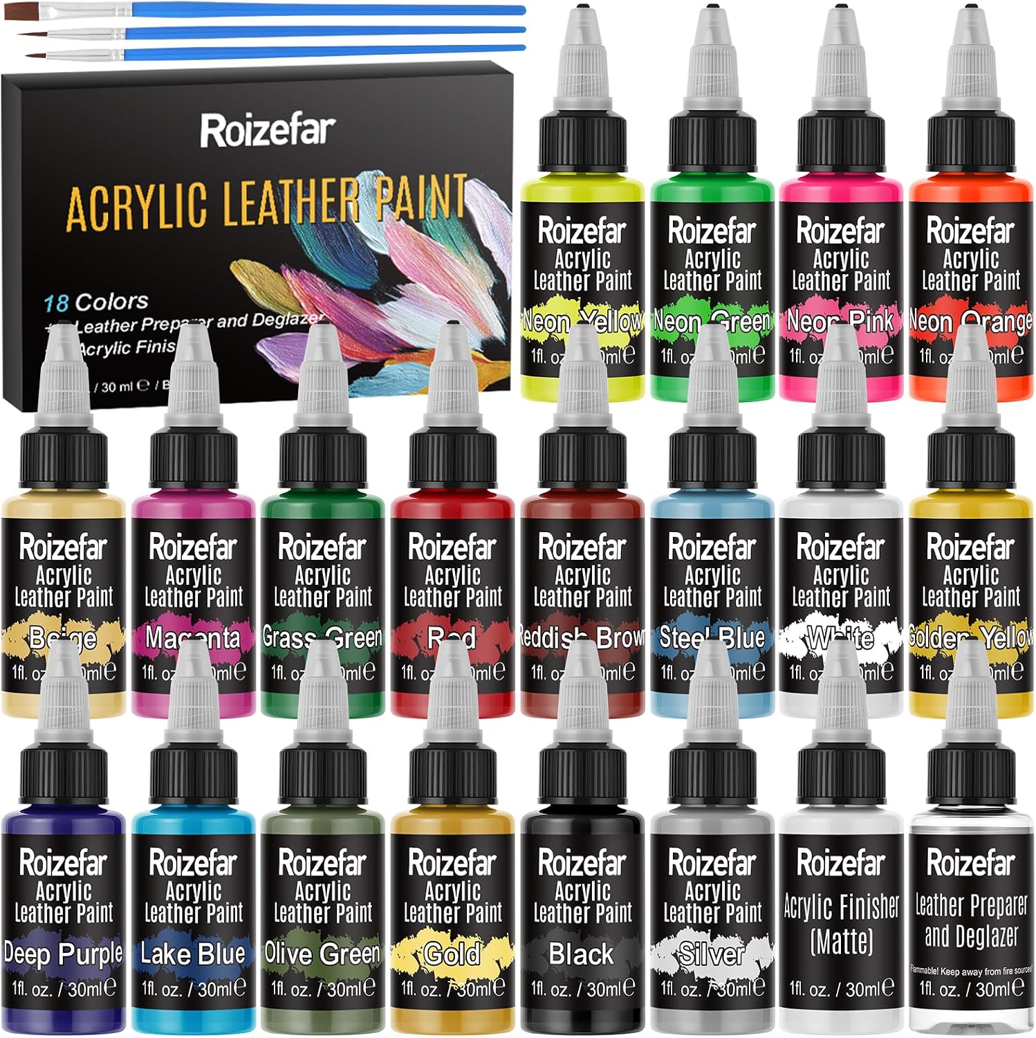 Detalle de Roizefar Kit Ultime – Peinture Acrylique pour Cuir, 18 Couleurs + Primaire et Vernis (20×30 ml) – Chaque Teinte Adhérente et Flexible