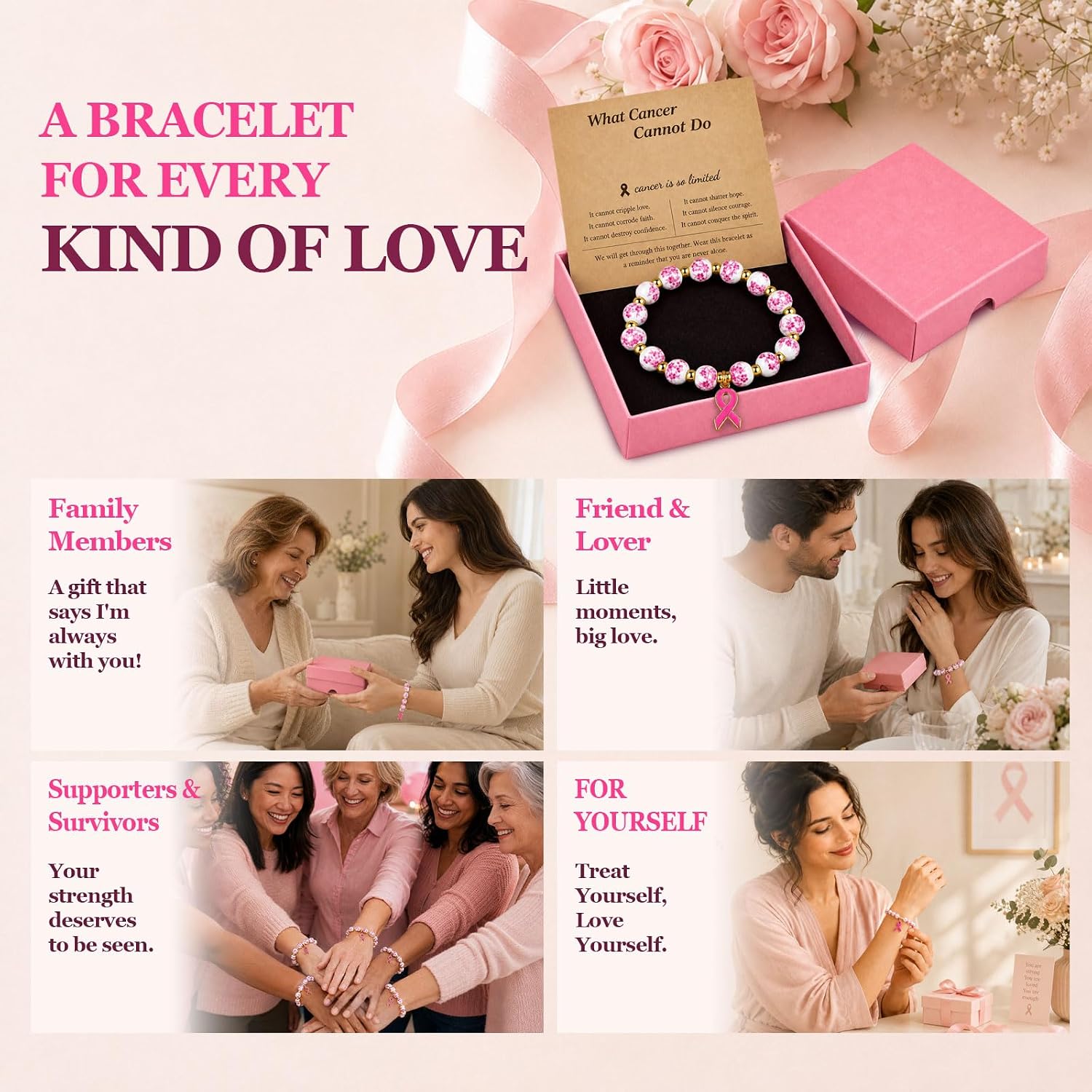Detalle 2 de Breast Cancer Awareness Bracelet with Ceramic Beads