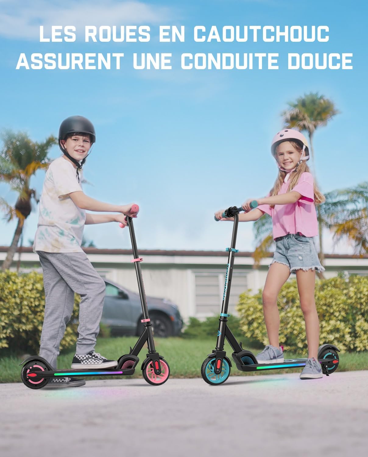 Detalle de FanttikRide C9 Apex trottinette électrique enfant (1,2–1,6 m) Bluetooth, lumières arc-en-ciel, 8/13/16 km/h