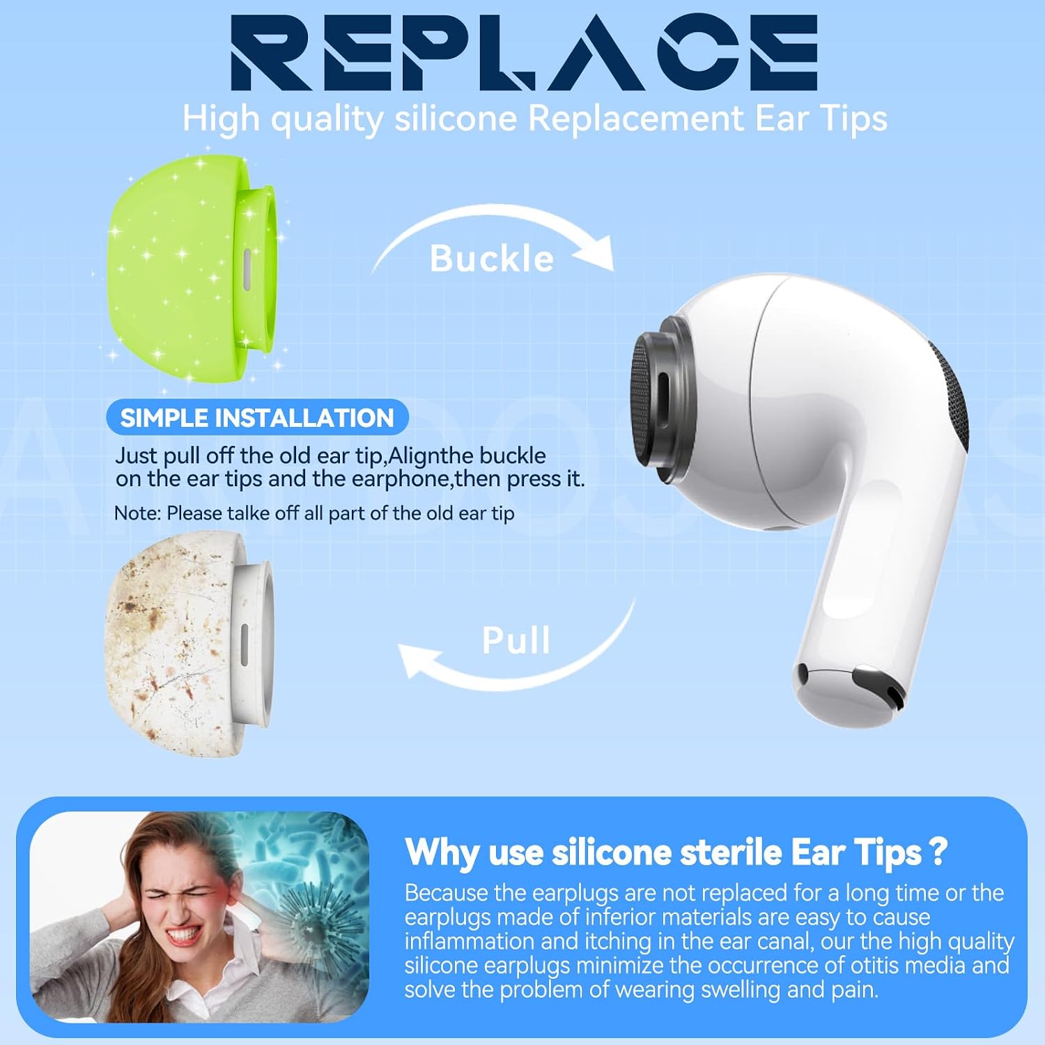 Detalle 2 de Inesore 4 Pairs Replacement Ear Tips for AirPods Pro 2nd/1st (Fluorescent Green)