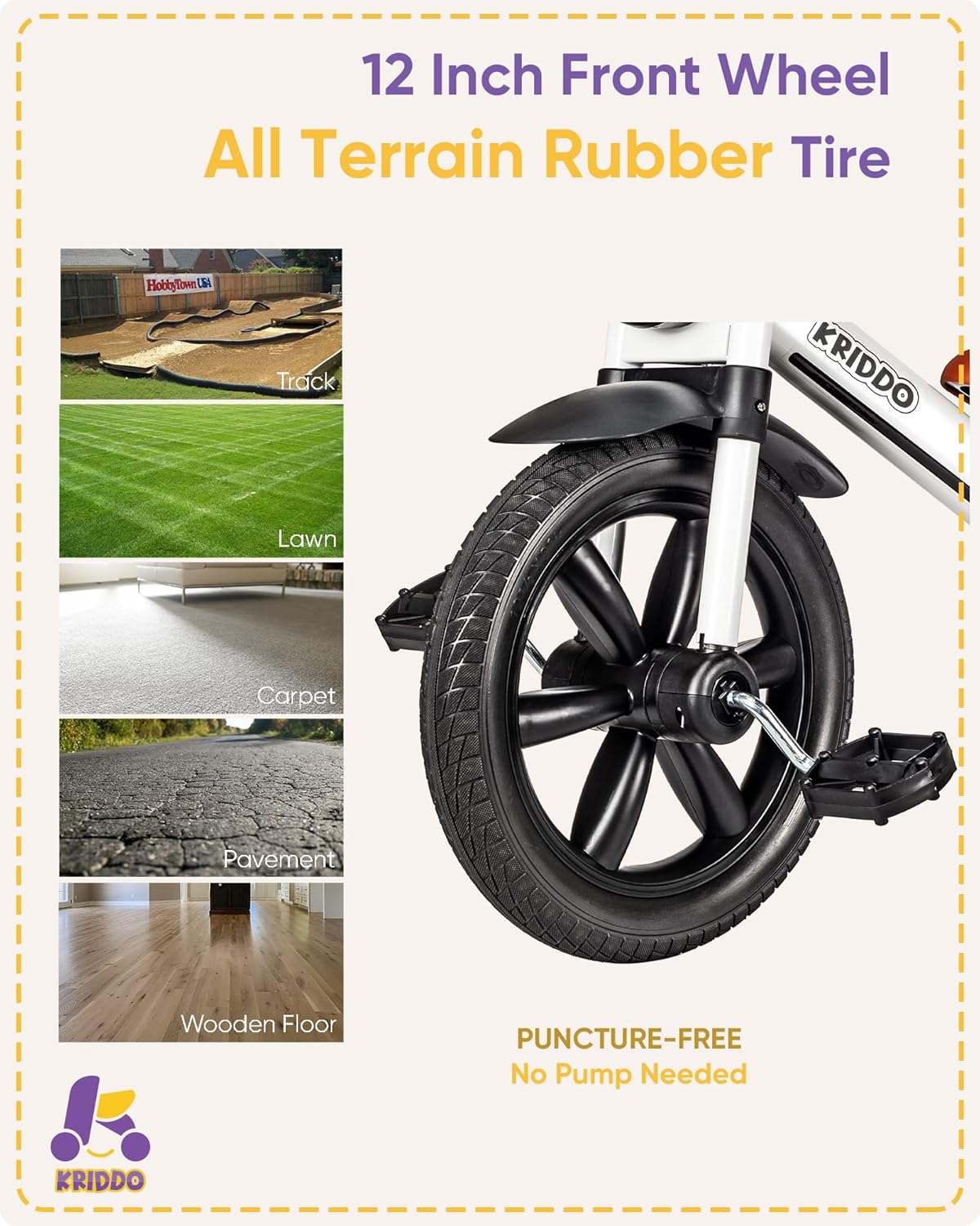 Thumbnail 5 de KRIDDO Kids Tricycle (12 Inch Puncture-Free Wheel) with Front Light, Adjustable Seat, for Ages 2–5, White