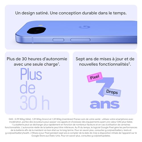 Detalle de Google Pixel 10a Lavande 128 Go — autonomie, Coach Photo et sécurité Pixel
