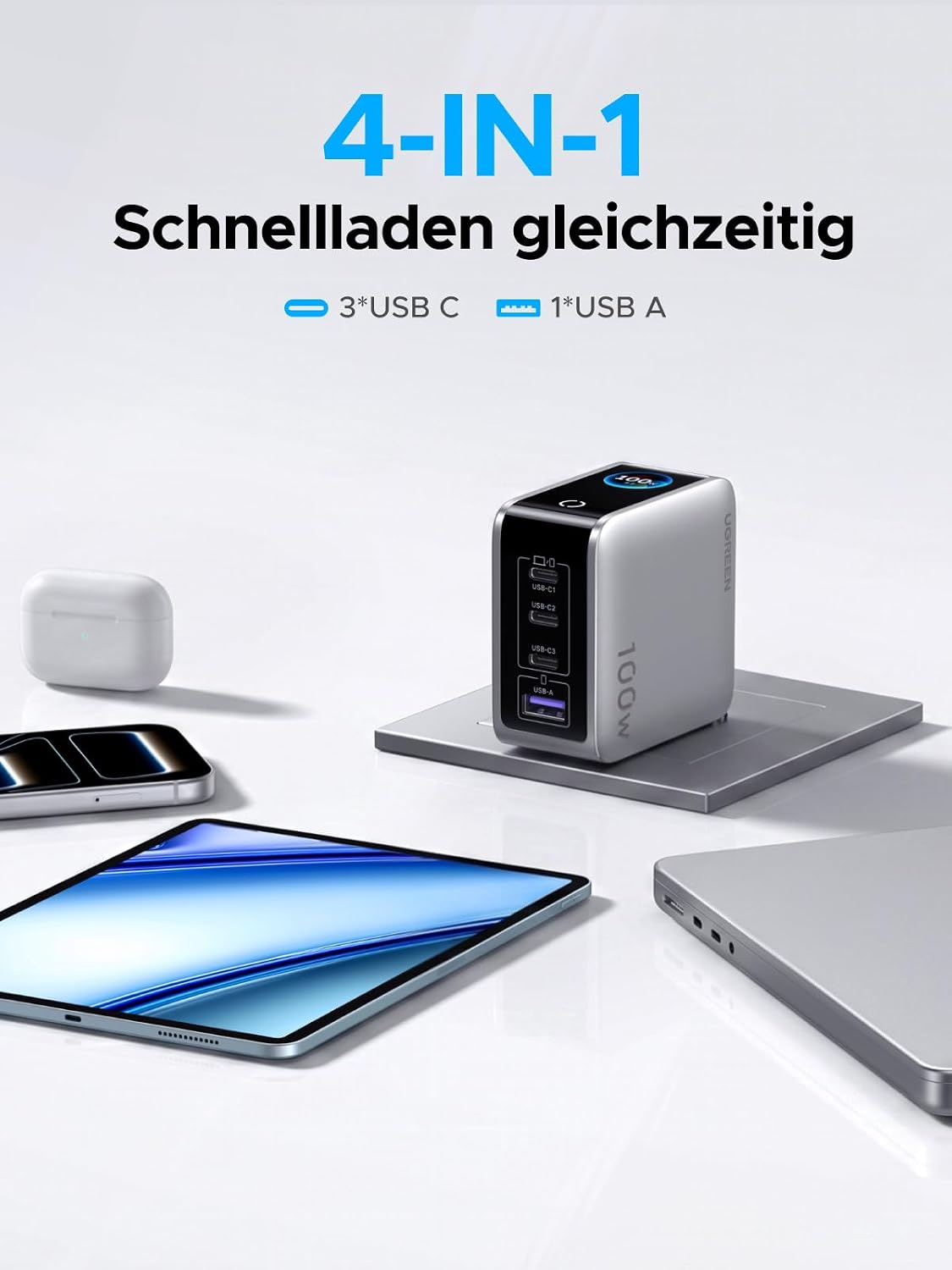 Detalle de UGREEN Nexode Pro 100W USB-C Ladegerät – 4-in-1 GaN Netzteil mit Smart Display