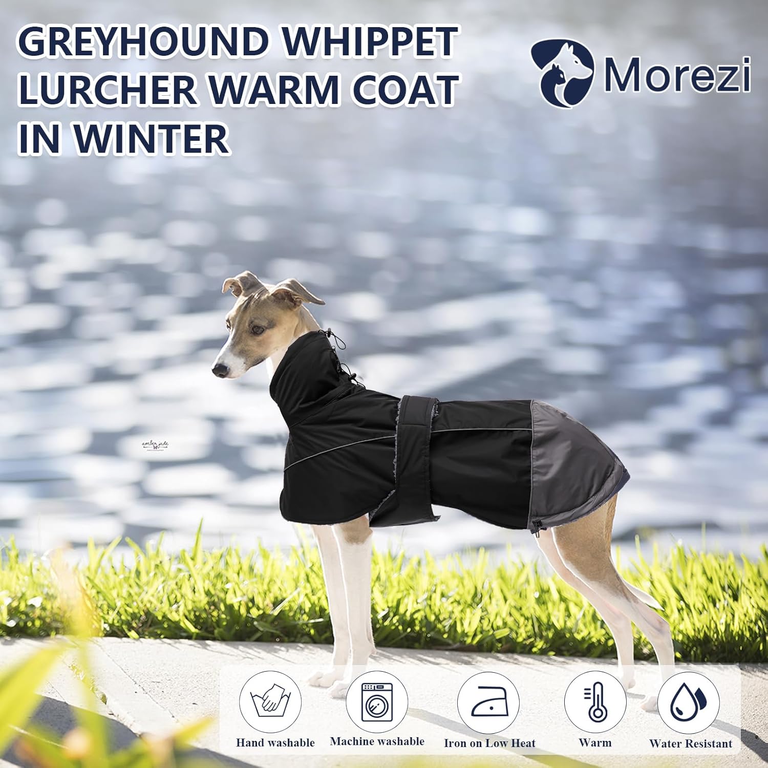 Thumbnail 1 de Morezi Greyhound Lurcher Winter Coat (Water Resistant Whippet Jacket) with Padded Fleece & Reflective Safety Bands