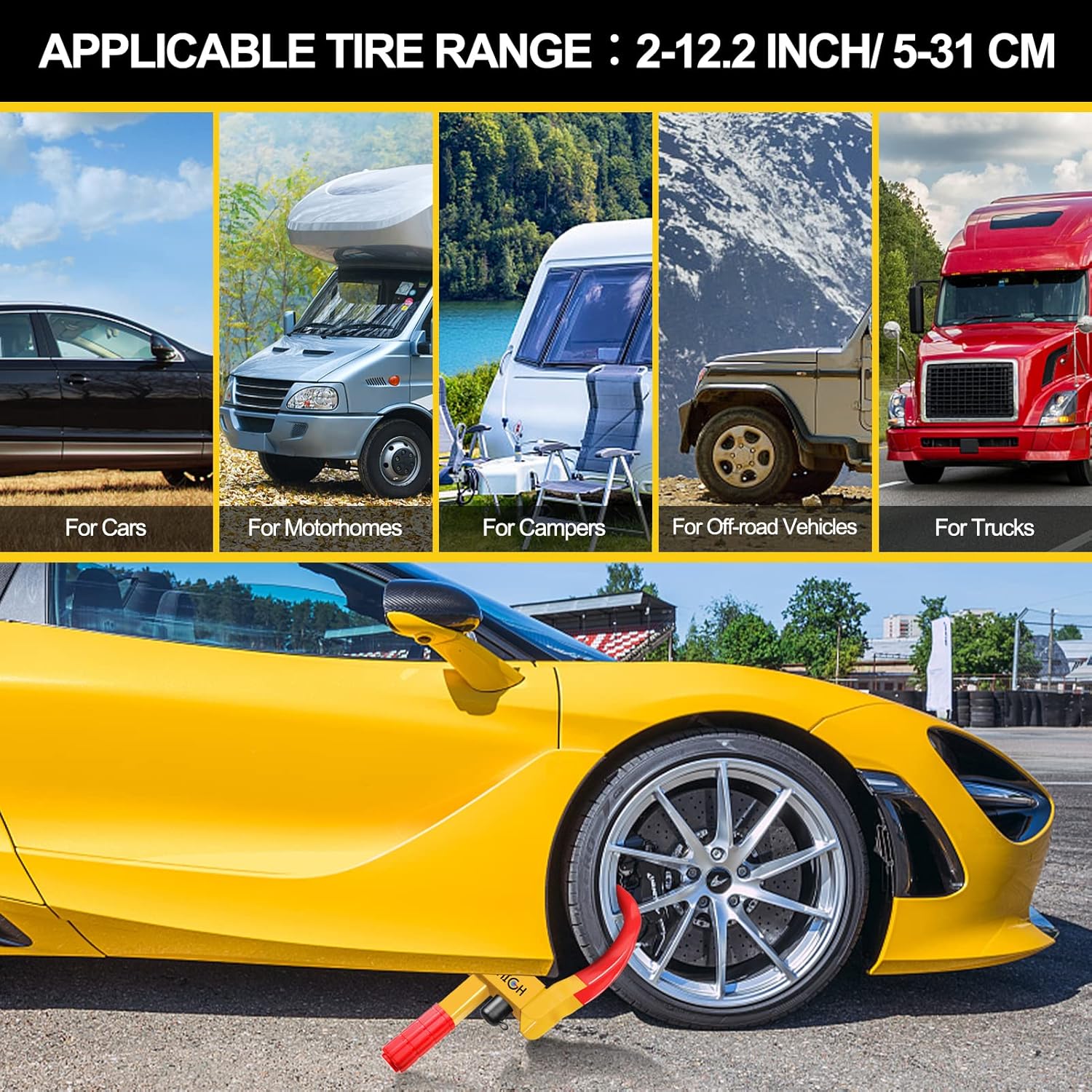 Detalle 2 de MAIKEHIGH Sabot antivol de roue réglable (2 à 12,2 pouces) avec 3 clés pour voiture, caravane, remorque