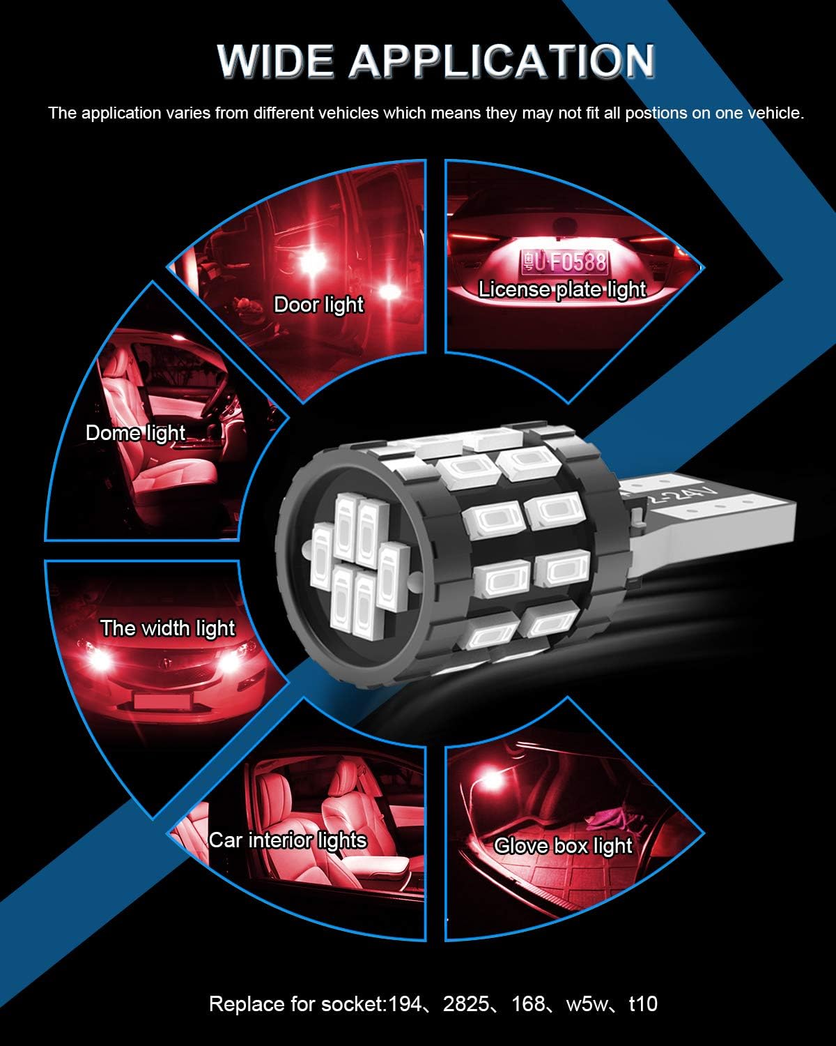 Detalle 2 de KATUR T10 W5W LED 194/168 2825 CANBUS rosso brillante (pack da 2) per luci interne e targa