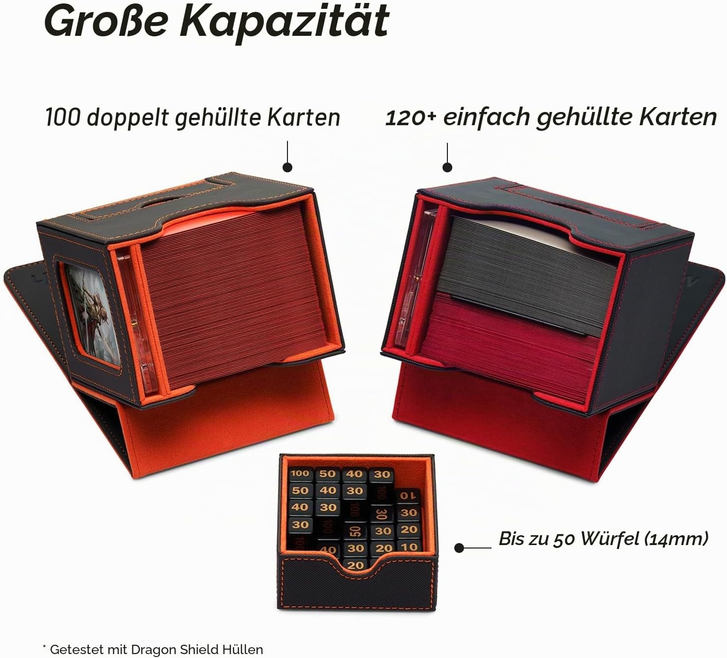Detalle de Mage Tech Commander Deckbox für MTG – Patentiertes Display-Design, 100 Kartenkapazität, 35pt Magnethalter und Würfelschale (Grau/Orange)