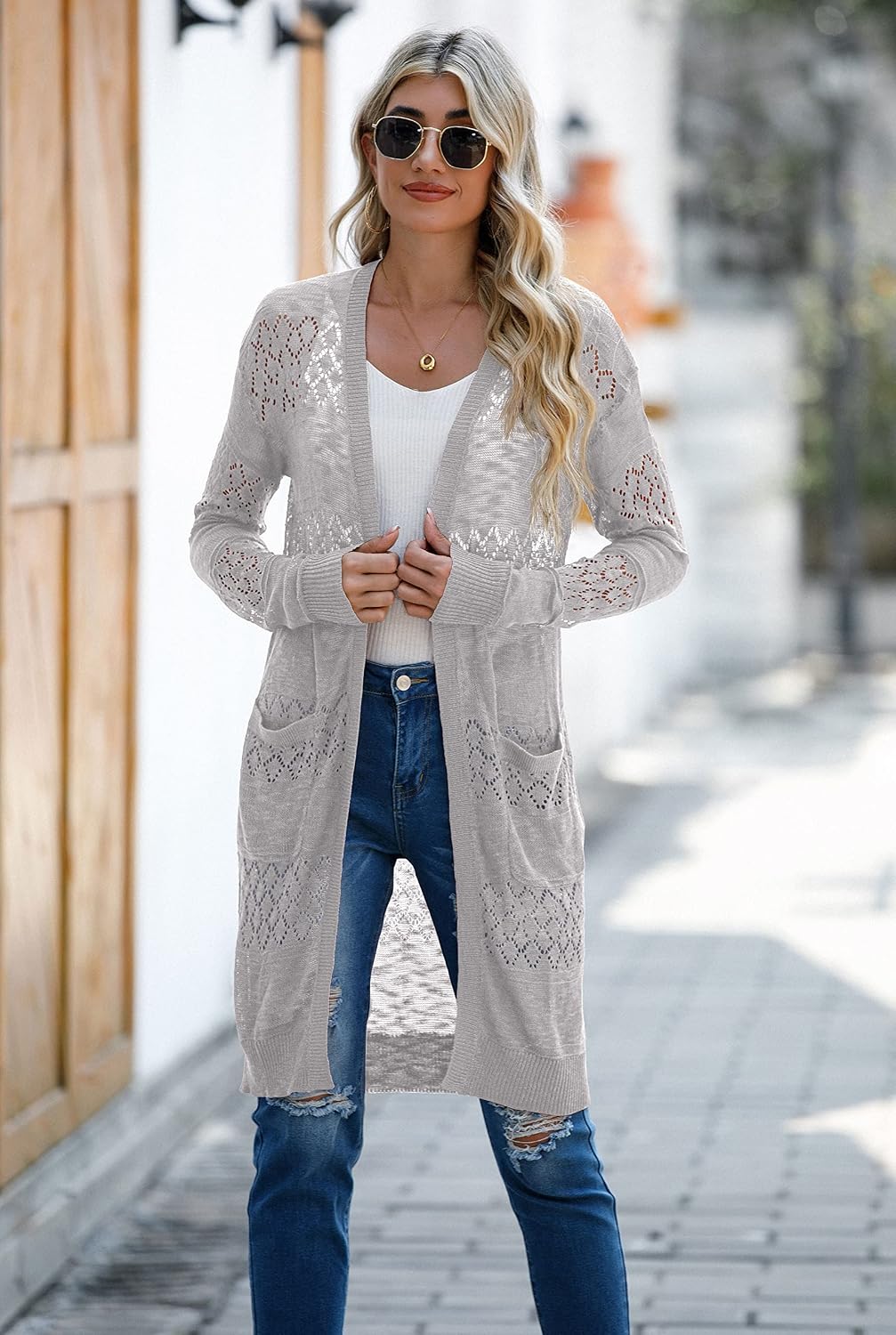 Detalle de GRECERELLE Damen Sommer-Strickjacke lang mit Lochmuster (offen, leichter Cardigan)