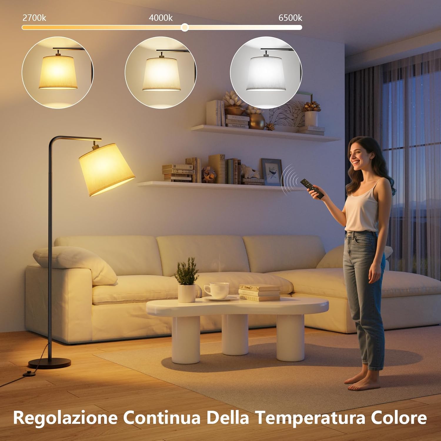 Thumbnail 2 de SUWIN Lampada da Terra dimmerabile con telecomando magnetico e paralume in lino beige