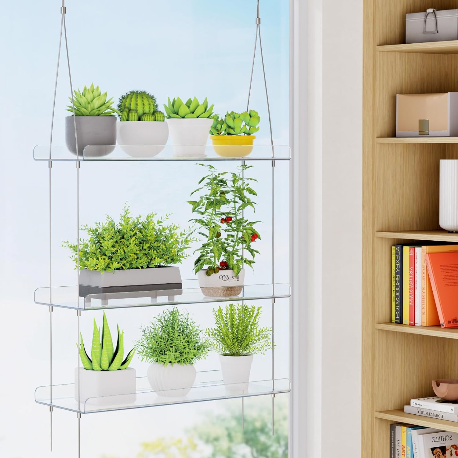Detalle de Lifewit 24127 wandplank voor planten, transparant en verstelbaar met 3 niveaus