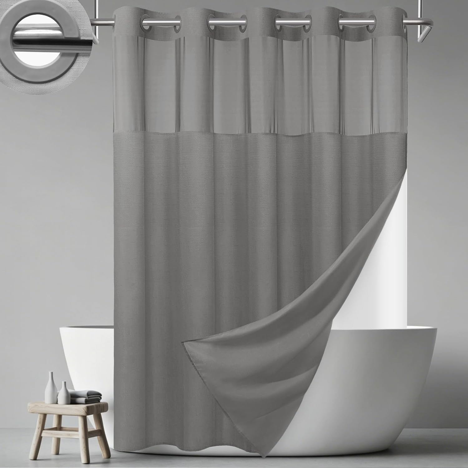 Detalle de Aovfy 71 x 74-Inch Slub Shower Curtain with Removable Liner, Grey