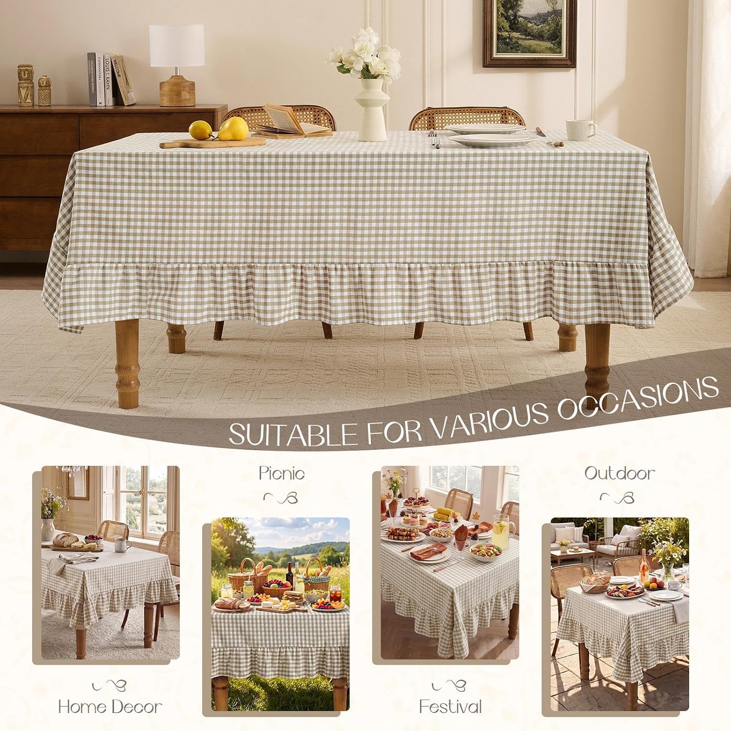 Detalle de Romanstile Gingham Ruffled Tablecloth Rectangle - Waterproof Linen Cotton Checkered Outdoor Table Cover (60 x 120 inches, Taupe)