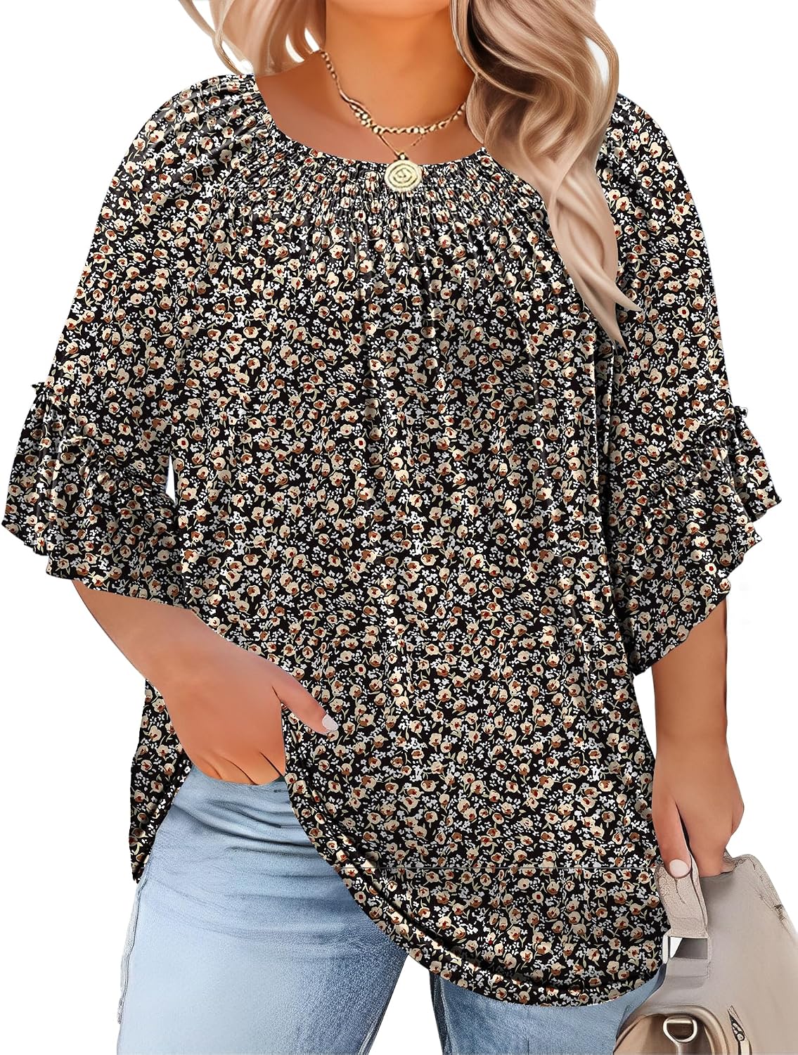 Detalle de Micoson Women’s Plus Size Pleated Ruffle Sleeve Top (3/4 Bell Sleeves), 1X–5X