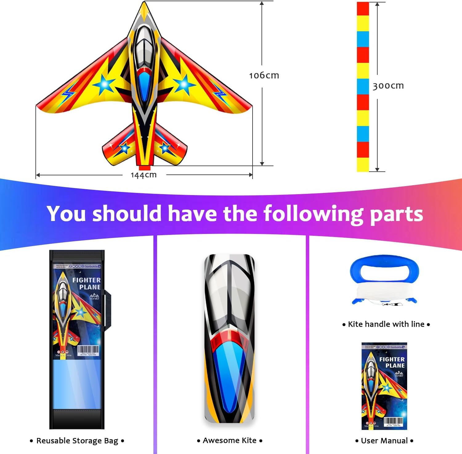Thumbnail 4 de HUGE Fighter Plane Kite for Kids and Adults – 58" Wide with 10.2ft Tail, 200ft Line & Swivel Included