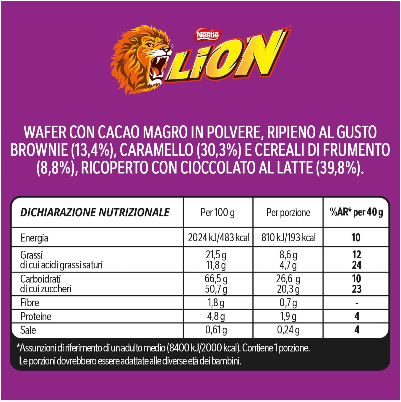 Detalle de LION Brownie Limited Edition Wafer: Snack da 24 pezzi da 40 g con ripieno brownie, caramello e cereali, coperto di latte