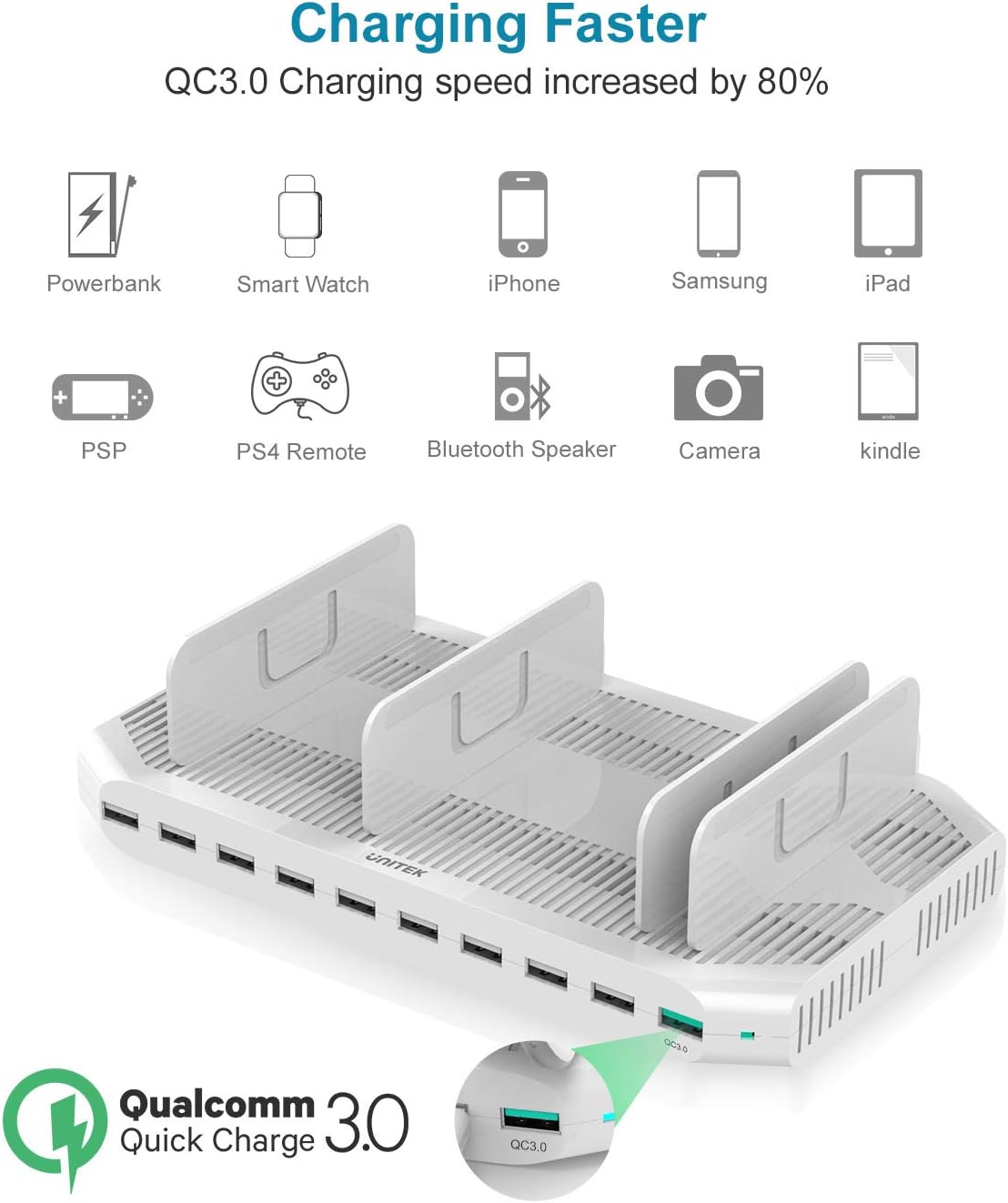 Thumbnail 2 de Unitek Charging Station for Multiple Devices: 10-Port USB Dock with Adjustable Dividers