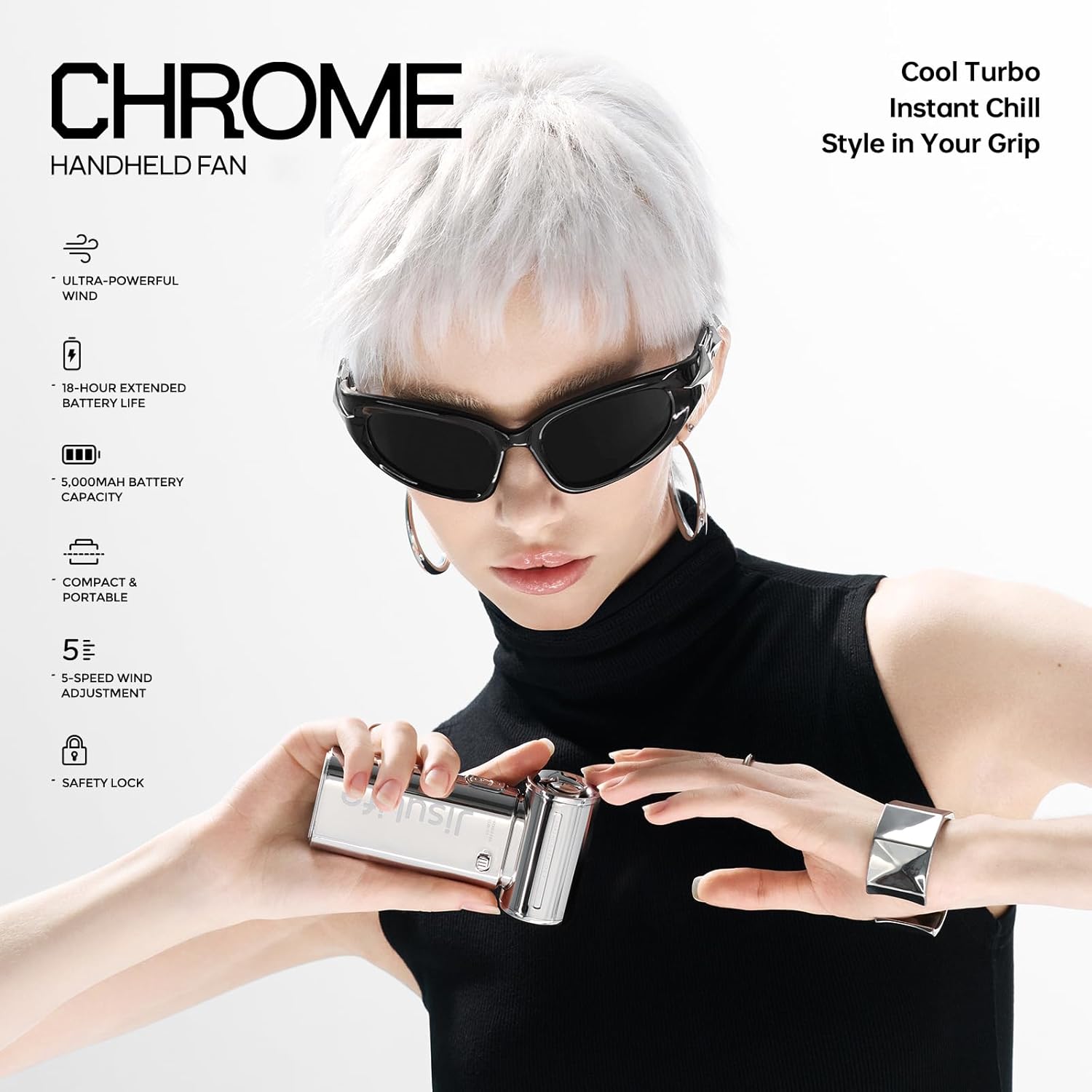 Detalle 2 de JISULIFE Life9 Portable Handheld Fan — Turbo Power Mini Personal Fan for Travel (Chrome)
