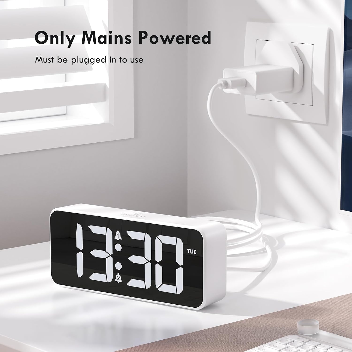 Thumbnail 2 de CHEREEKI Mains Powered Digital Alarm Clock for Bedside Use with Large LED Display, Dual Alarm & USB Charging