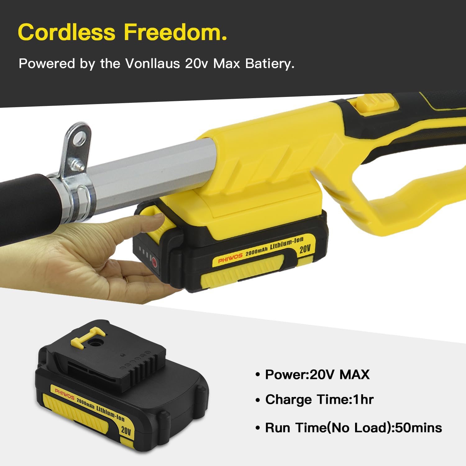 Thumbnail 1 de Cordless Pole Hedge Trimmer PHIWOS with 2.0Ah Battery & 1Hr Charger, 2Batteries, Telescopic Reach