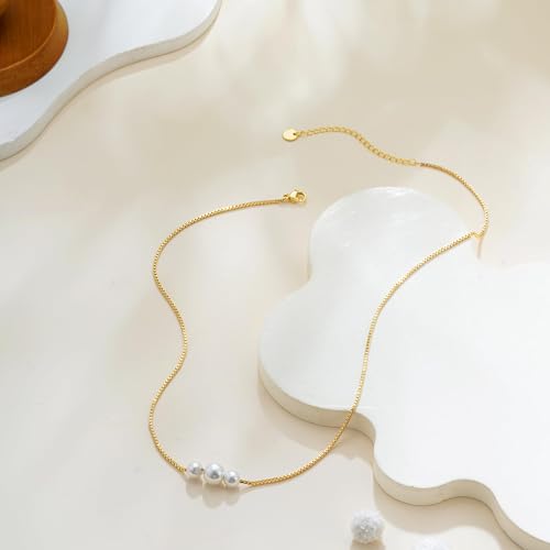 Detalle 2 de Fezodo Perlenkette Damen – 18K vergoldete Süßwasserperlen, Choker 40 cm + 5 cm Verlängerung