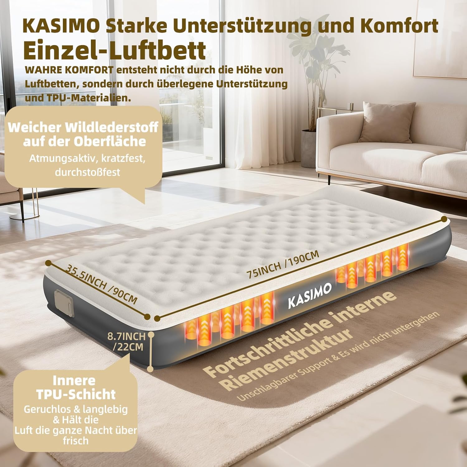 Detalle de KASIMO TPU Luftmatratze selbstaufblasend – 1 Person 190x90x22 cm mit integrierter Pumpe