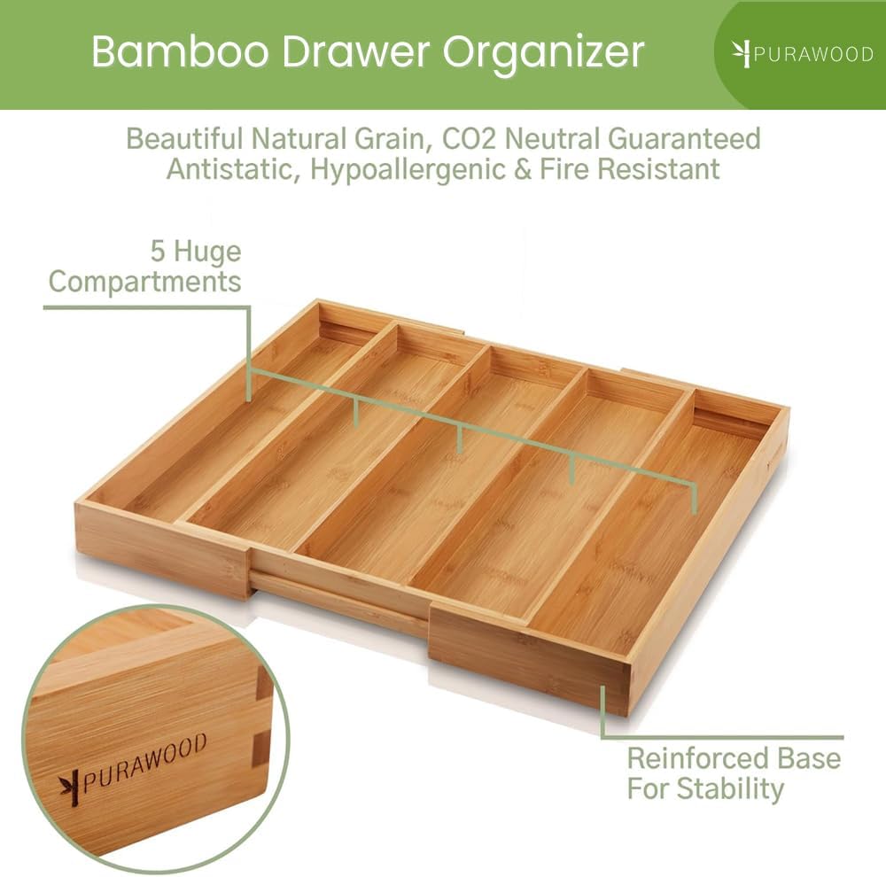 Thumbnail 3 de Purawood Kitchen Drawer Organizer - Expandable Bamboo Silverware Tray (3-5 Slots)