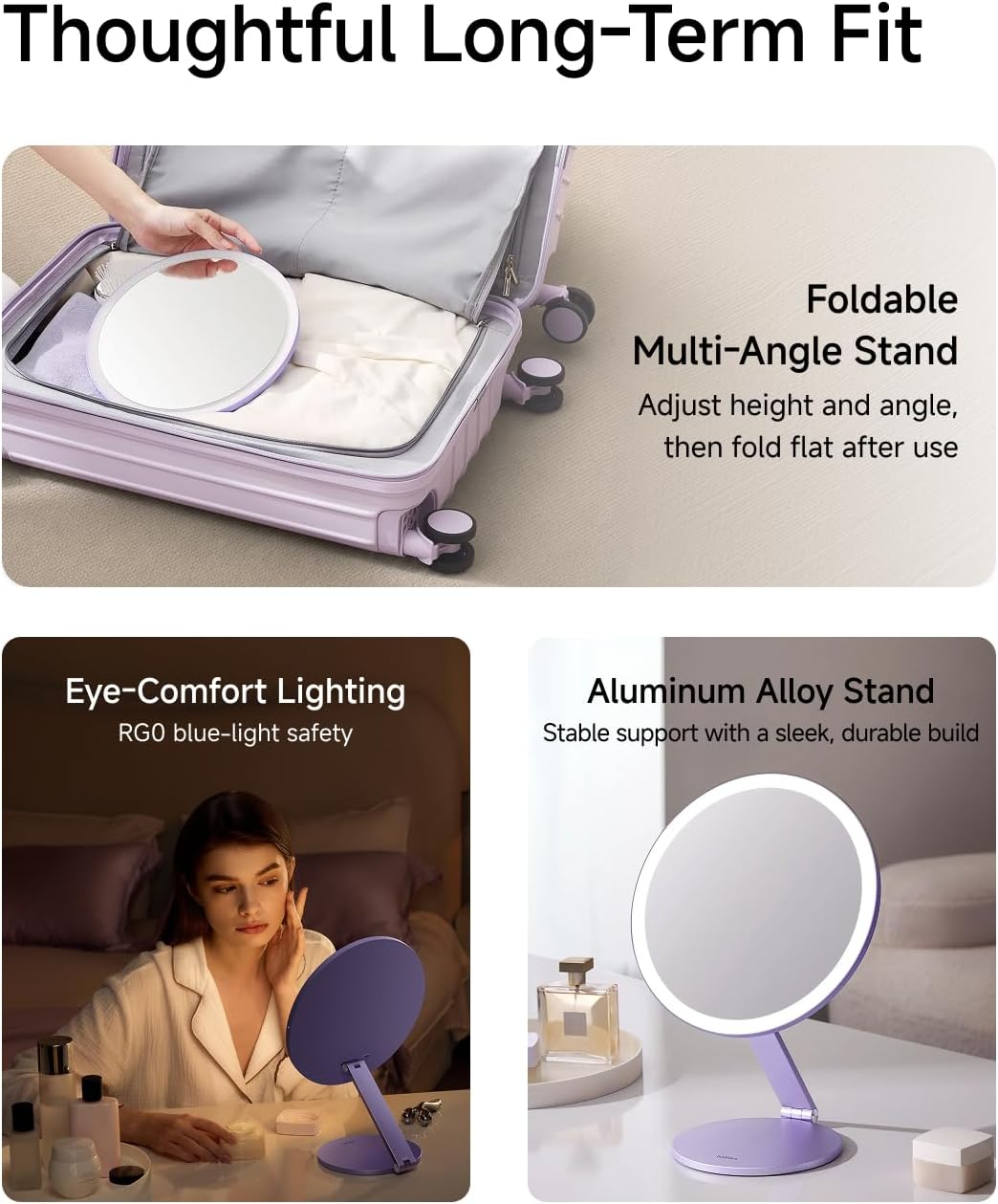 Detalle 1 de Laifen Lighted Makeup Mirror, Lavender Purple, 64 LEDs, 3 Colour Modes