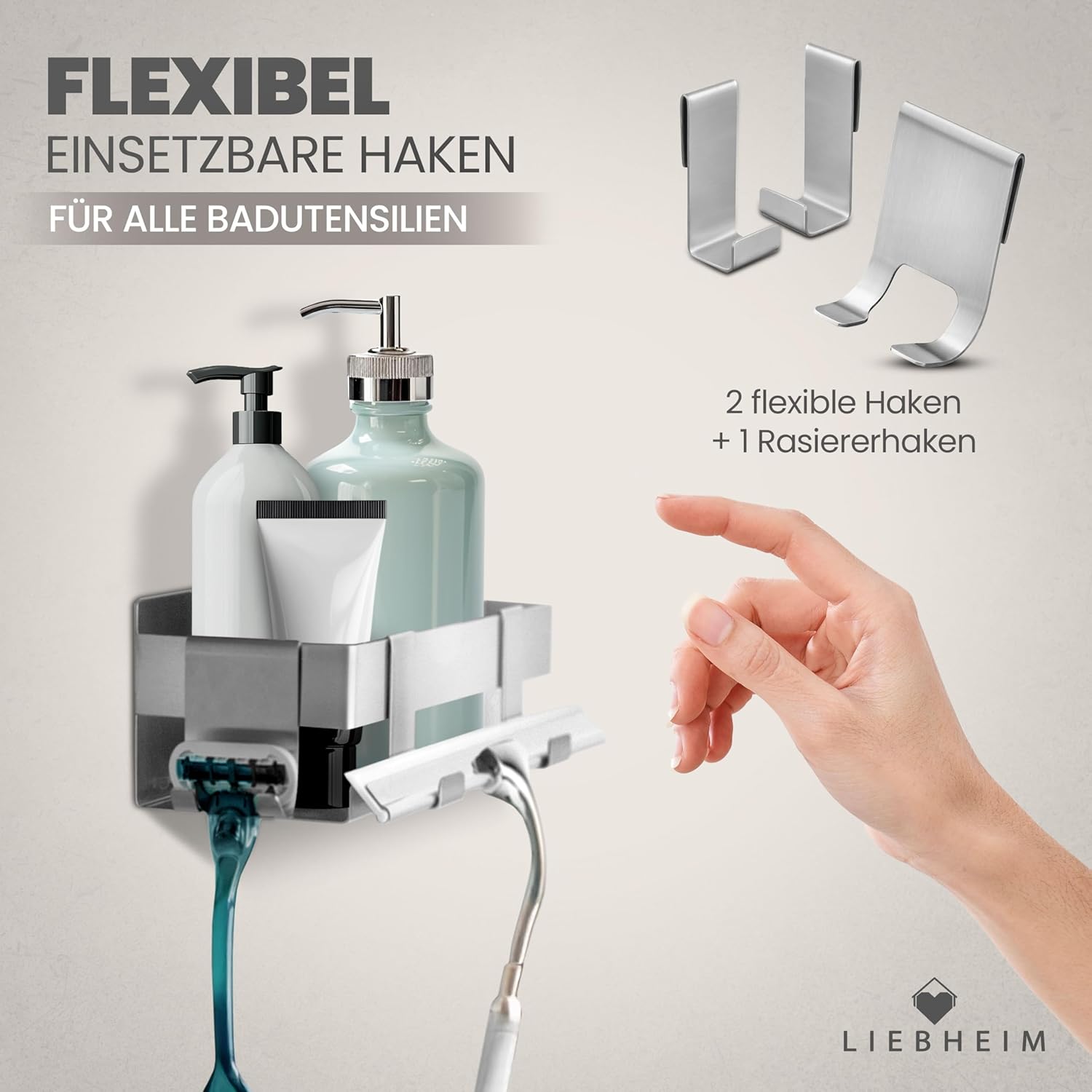Thumbnail 3 de LIEBHEIM Duschablage ohne Bohren – Badregal & Duschkorb mit Edelstahlablage, Klebemontage und Haken