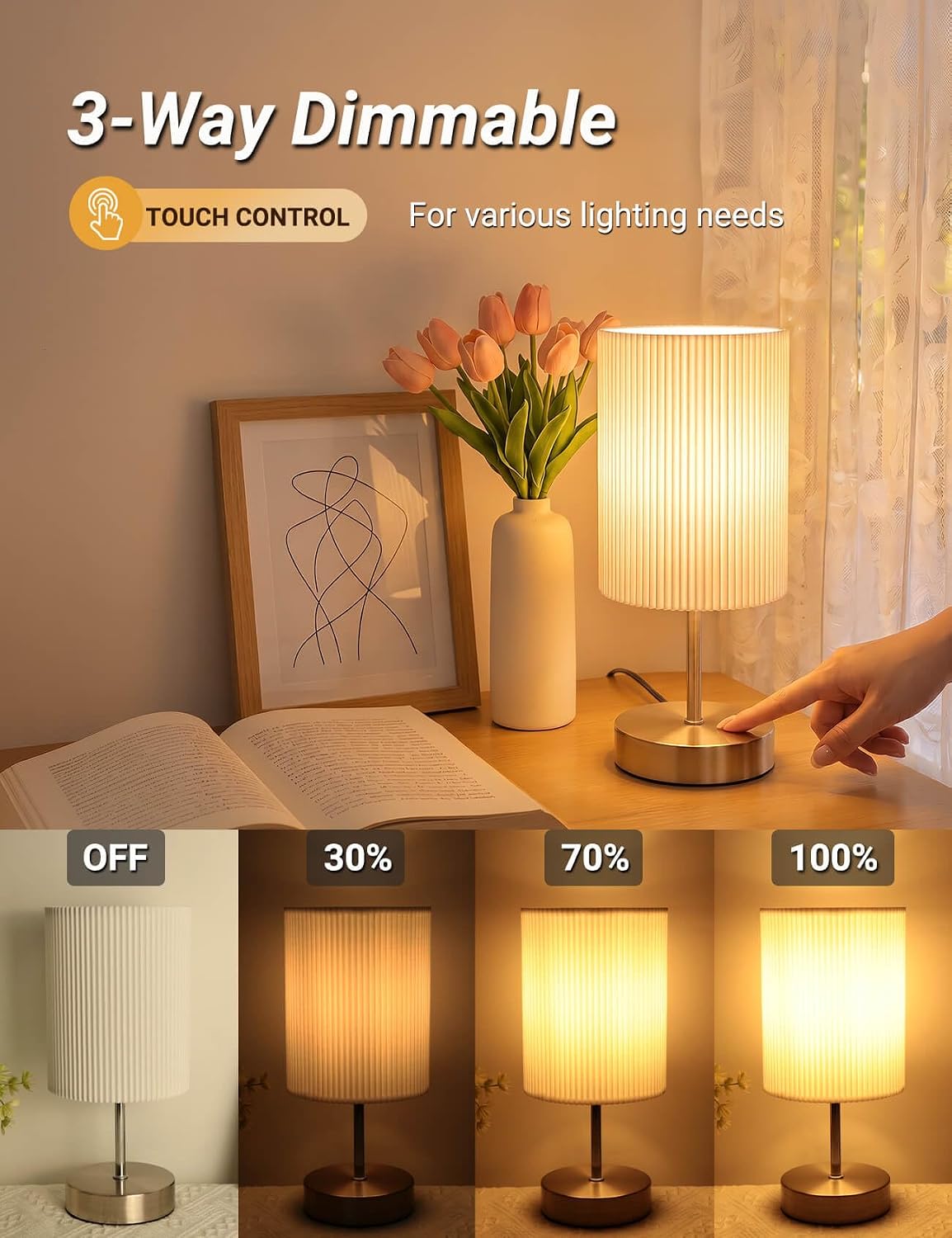 Thumbnail 1 de HSLighting Touch Control 3-way Dimmable Bedside Lamp
